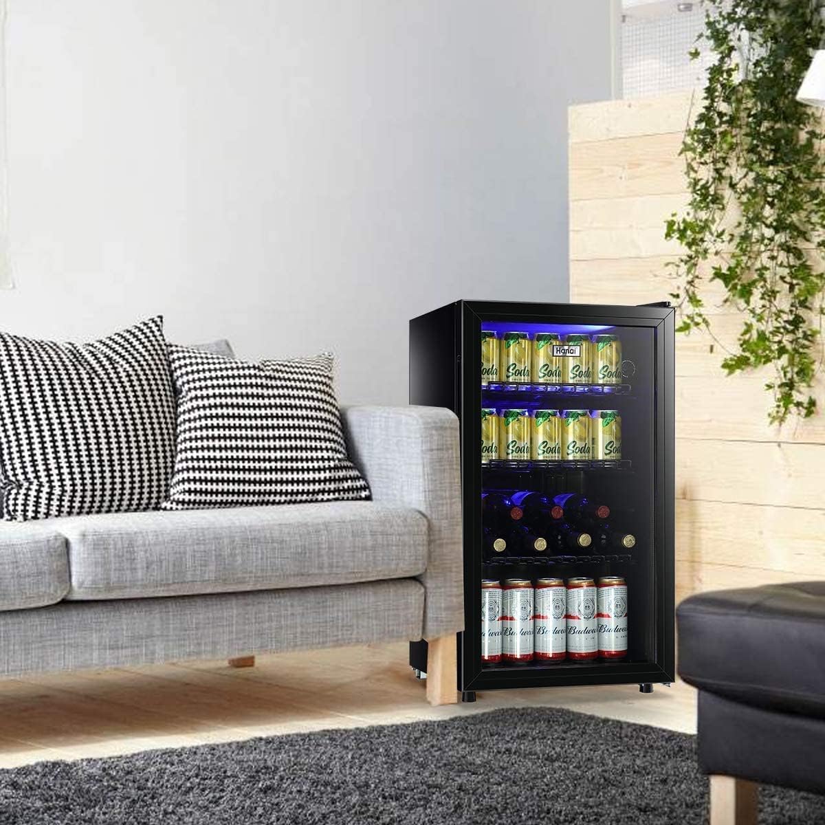 WANAI Mini Fridge Glass Door 120 Cans Beverage Refrigerator Small Wine Cooler Clear Front Drinks Fridge for Soda Beer Bar Home Office with 7 Thermostat LED Lights 3.2 Cu. Ft