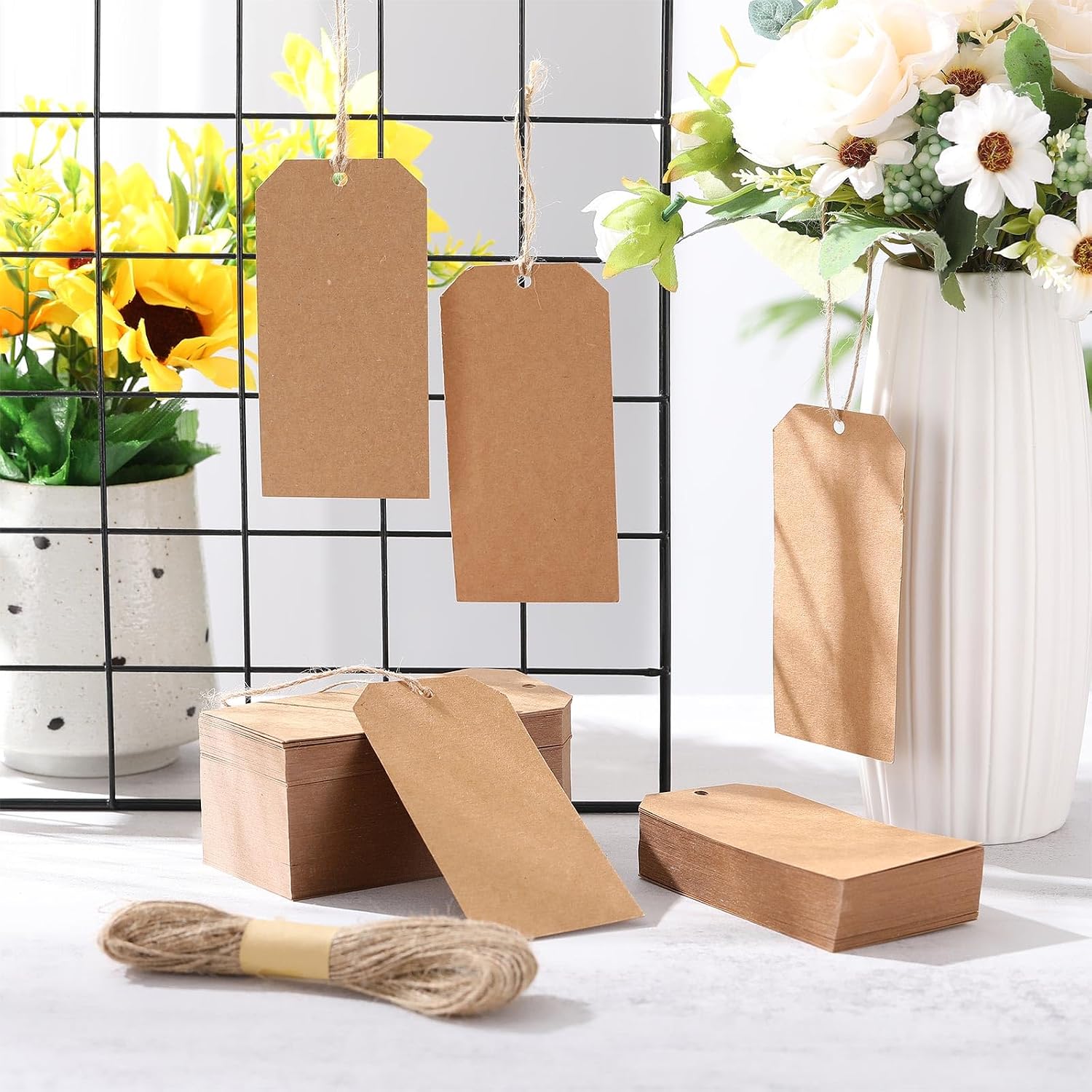 Gersoniel 500 Pcs Kraft Paper Gift Tags with String 4.7" x 2.4" Cardboard Price Tag Name Tag Vintage Wedding Birthday Hang Brown Tags with Twine Blank Gift Tag for Wedding Birthday Holiday Art & Craft