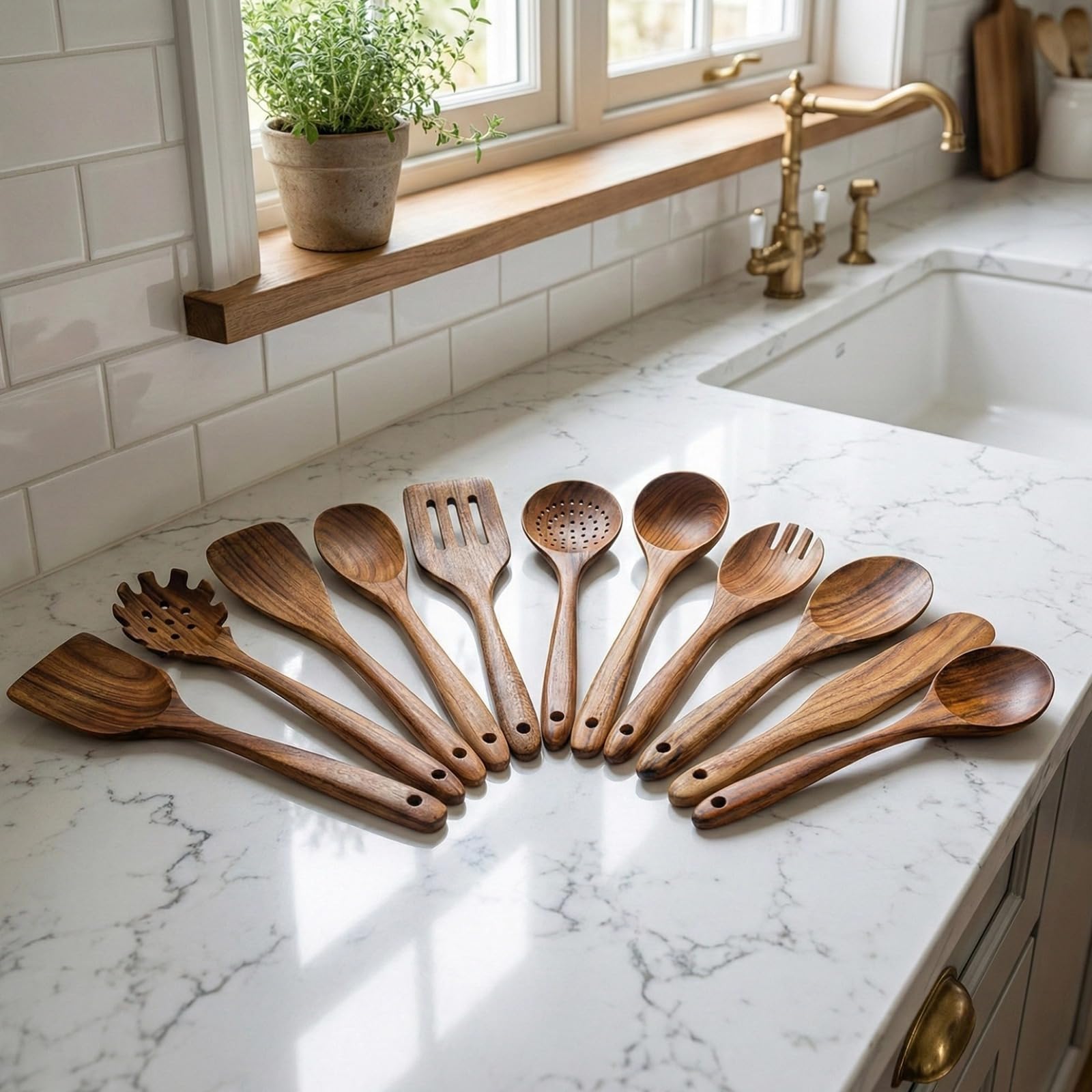 10 Stk. Kochutensilien aus natürlichem Akazienholz, Set mit Pfannenwendern, Löffeln und Gabel, für das Kochen, schont beschichtetes Kochgeschirr, Küchenhelfer mit Aufhängeöffnung