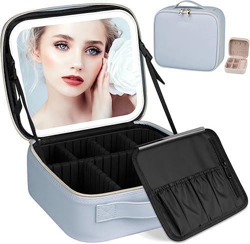 AZ GOGO Bolsa de maquillaje con espejo iluminado, Azul, Suave