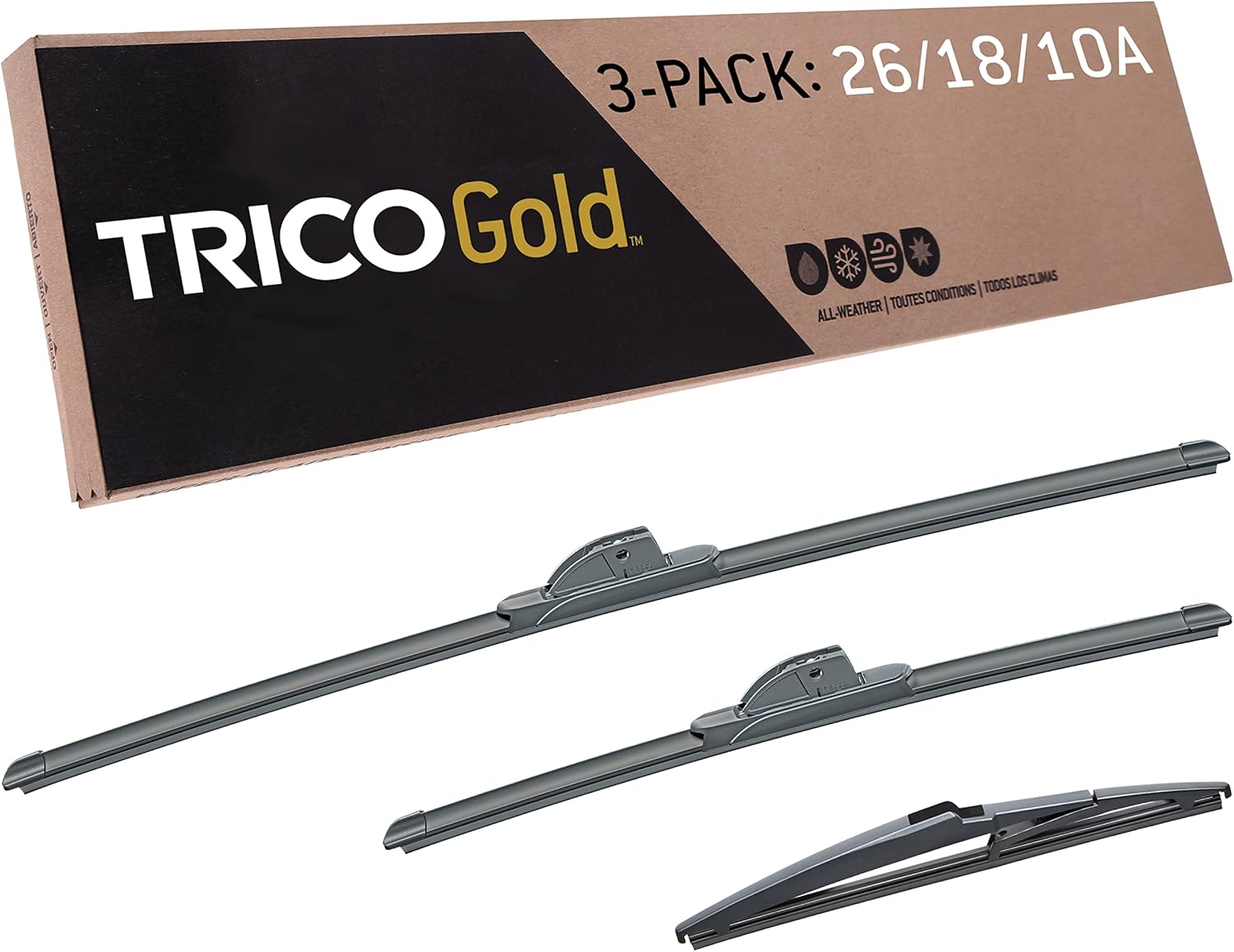 Trico Gold Driver/Passenger/Rear Kit Replacement Windshield Wiper Blades for 2020-2021 Toyota Highlander; Includes 26 inch, 18 inch & 10 inch Beam Blades (18-2618-10A), Black