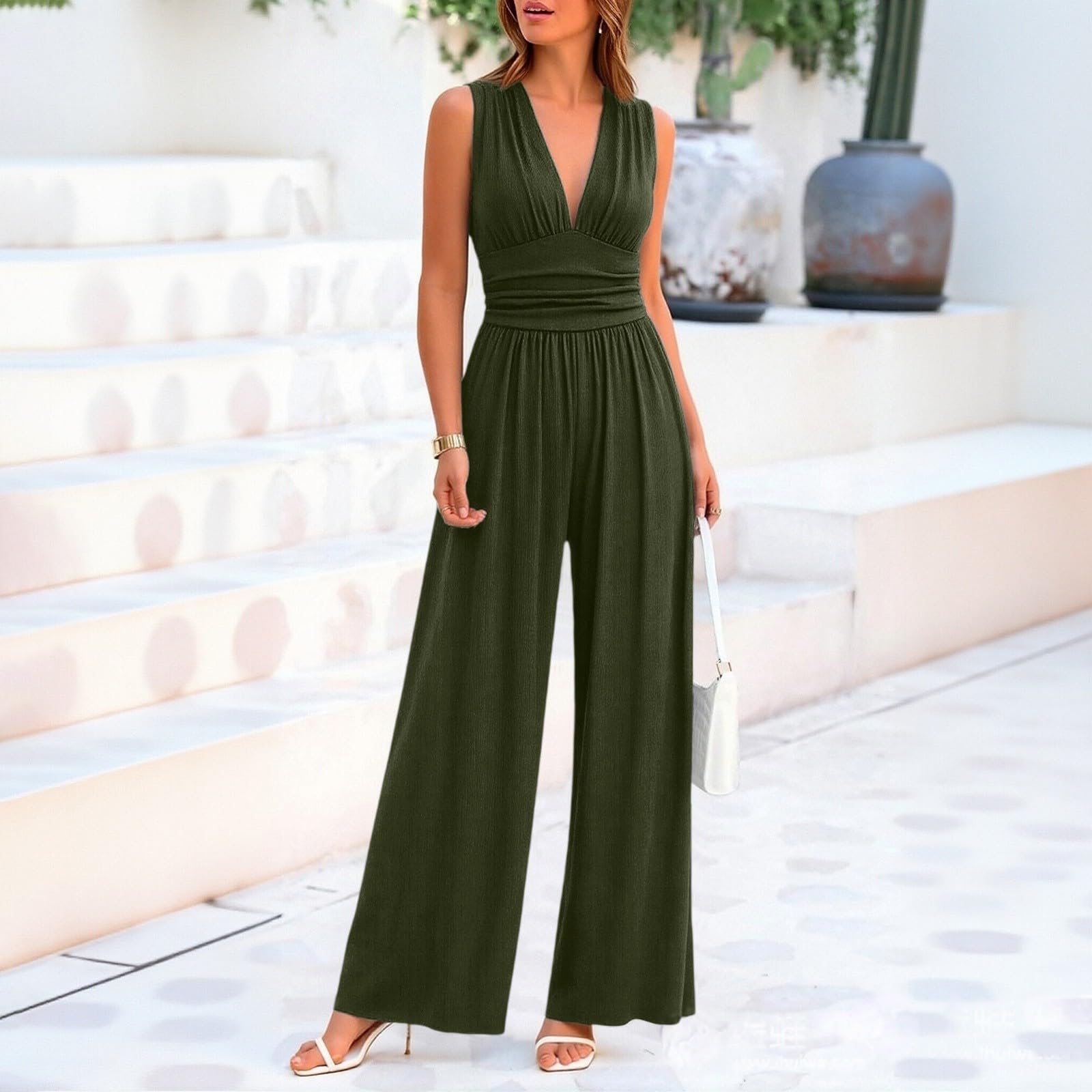Traje de pantalón para mujer, elegante, festivo, con cuello en V, sin mangas, mono