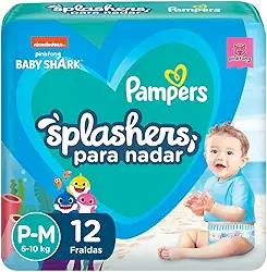 Fralda Pampers Splashers Para Nadar Baby Shark Tamanho P-M 12 Unidades