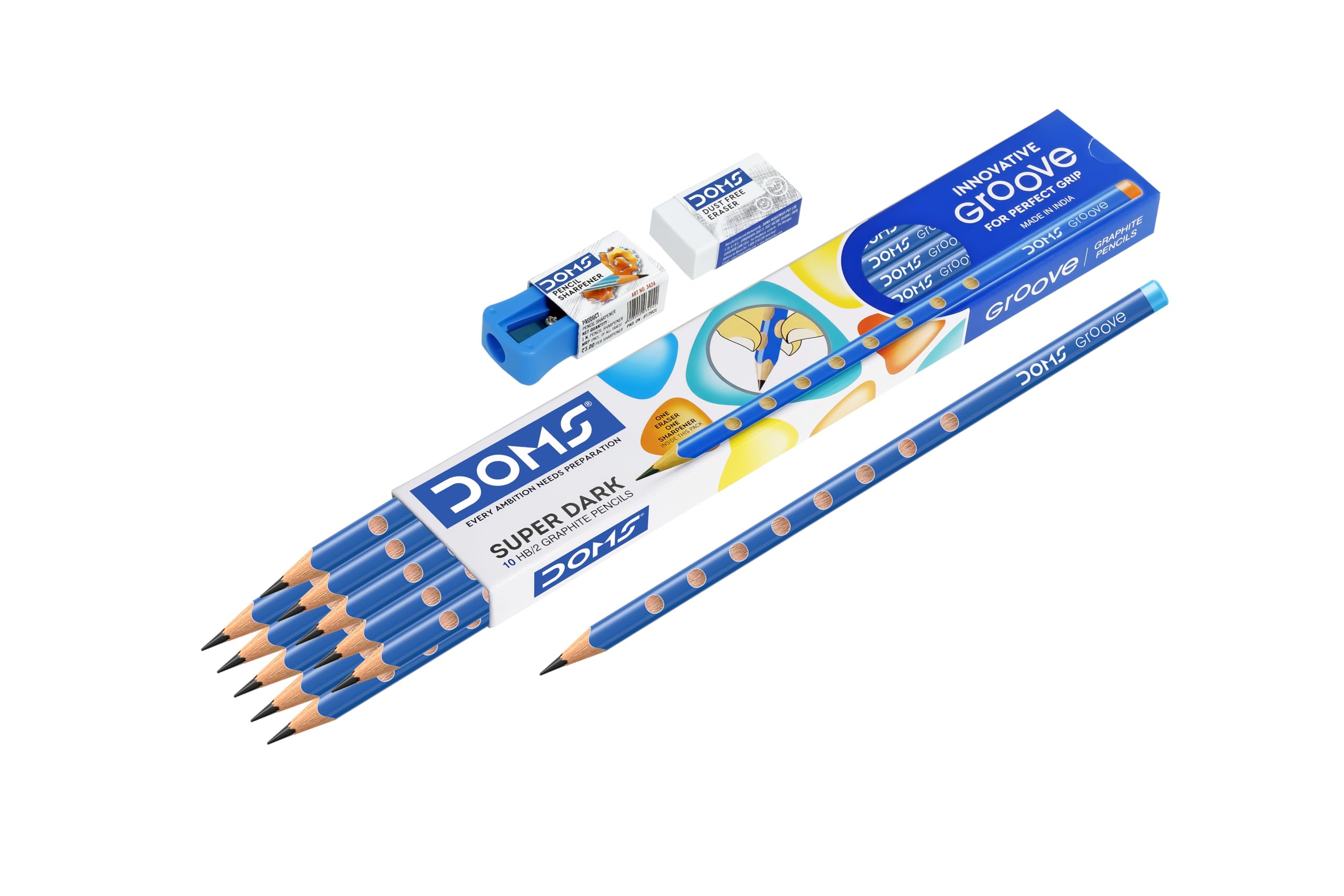 Doms Groove HB/2 Super Dark Graphite Pencil Box Pack | Innovative Groove For Perfect Grip | Free Eraser & Sharpner Inside | Pack of 10 pencil