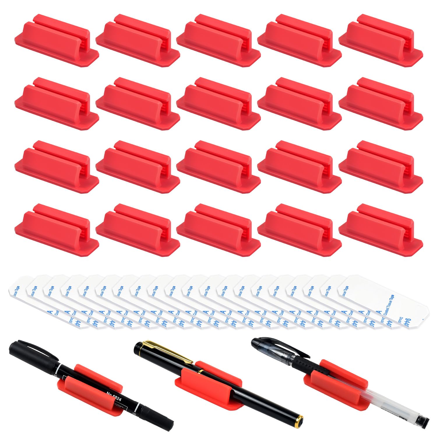 Stifthalter aus Silikon, selbstklebender Stifthalter für den Schreibtisch, Marker-Clip für Klassenzimmer, Büro, Schreibtischzubehör, Stifthalter mit 20 doppelseitigen extra Klebebändern, Rot, 20 Stück