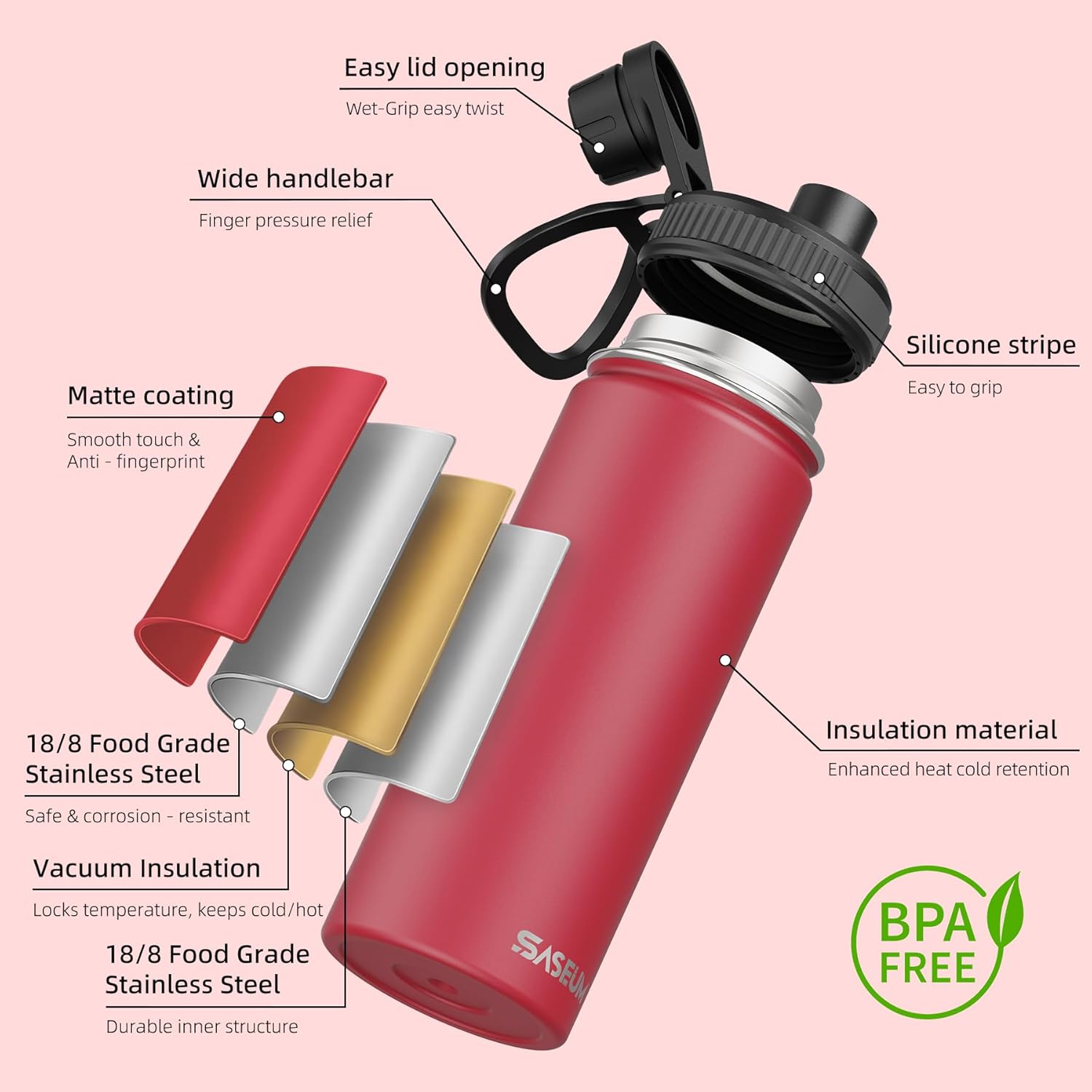SASEUM Sport Water Bottle 18oz Stainless Steel Double Wall Vacuum Thermal Mug with Leak Proof Spout Lids, Wide Mouth Metal Insulated Water Jug for Gym and Travel(Red) - Image 3