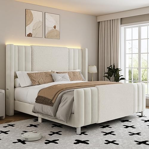 Base de cama tamaño Queen con cabecero alto y estribo, marco de cama tapizado de terciopelo y boucle con luces LED, marcos de cama de plataforma