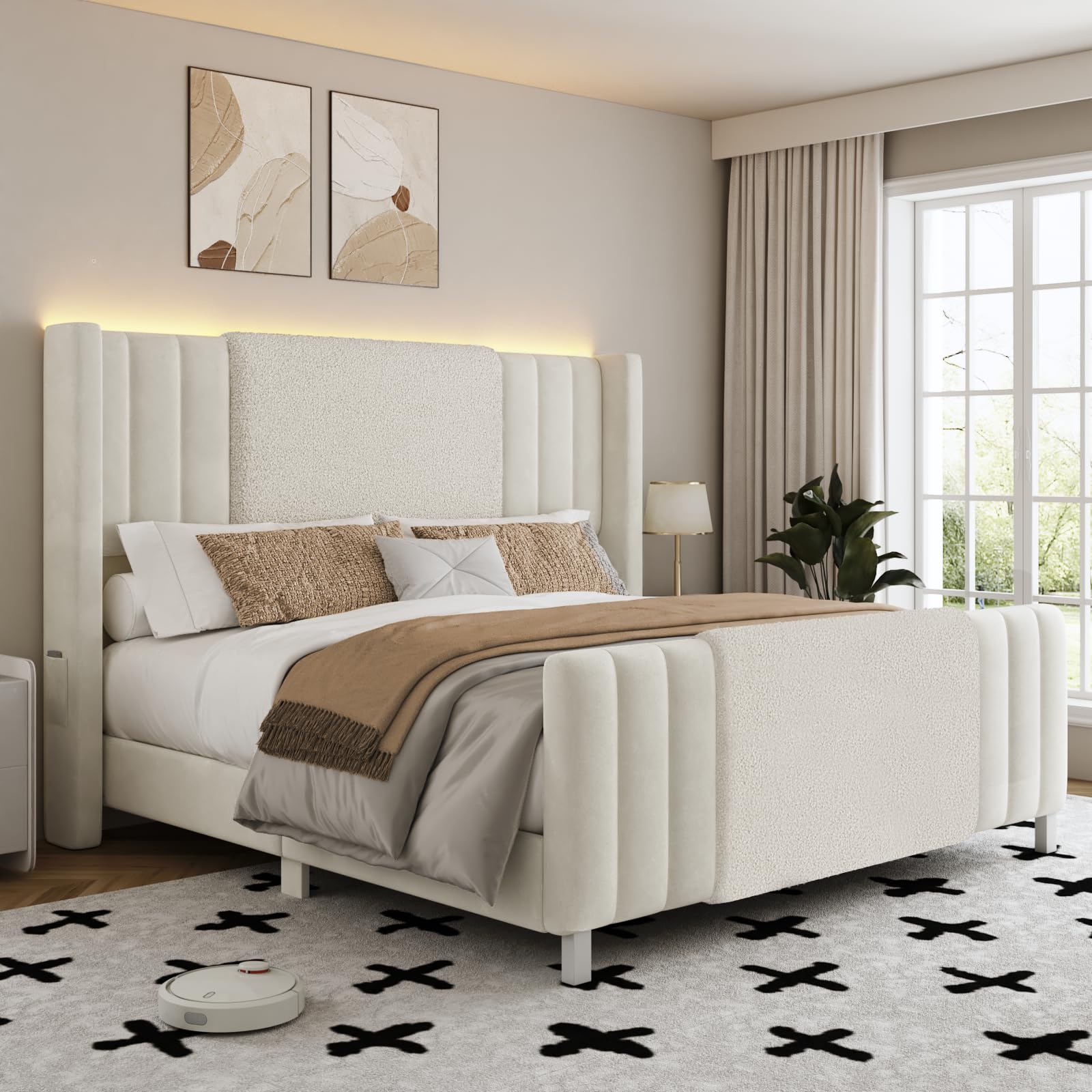 Lihimte Queen Size Bed Frame with Tall Headboard and Footboard, Boucle and Velvet Upholstered Bed Frame Queen with LED Lights, Modern Platform Bed