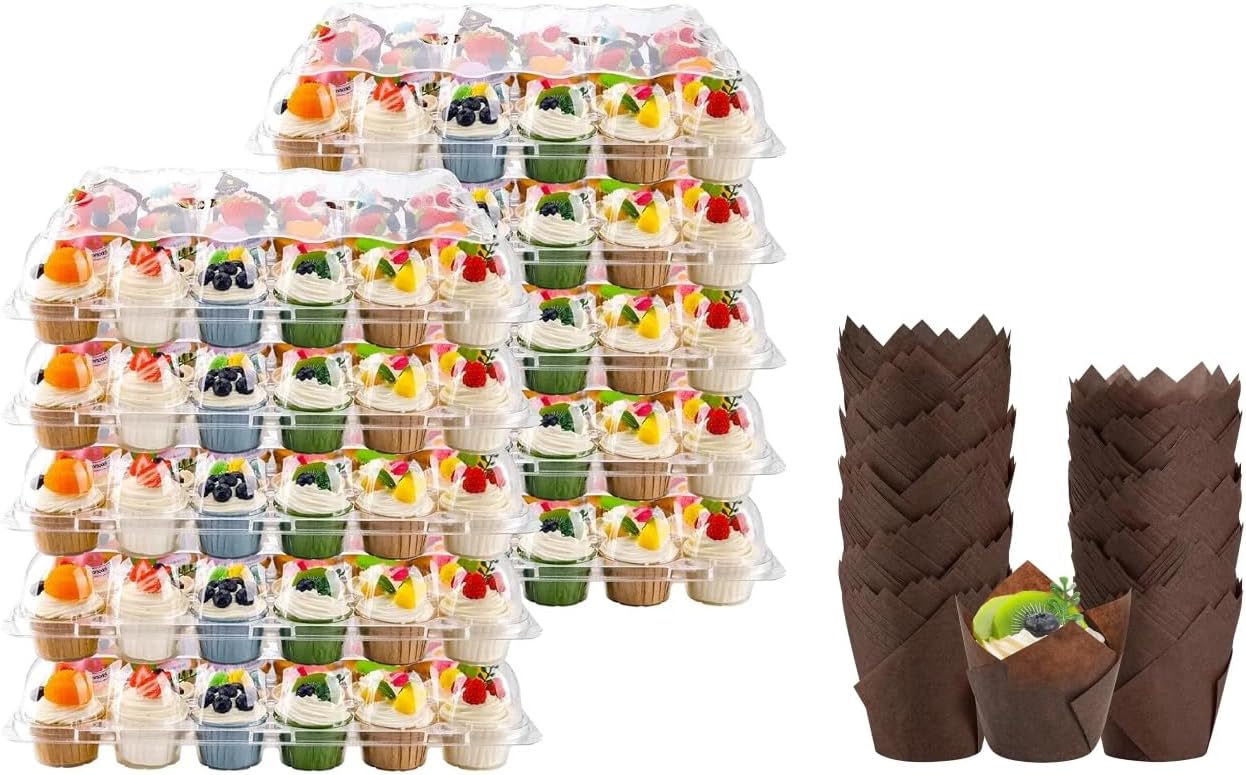 Bundle of 10 Pack Cupcake Containers and 200PCS Brown Tulip Cupcake Liners for Baking Greaseproof Cupcake