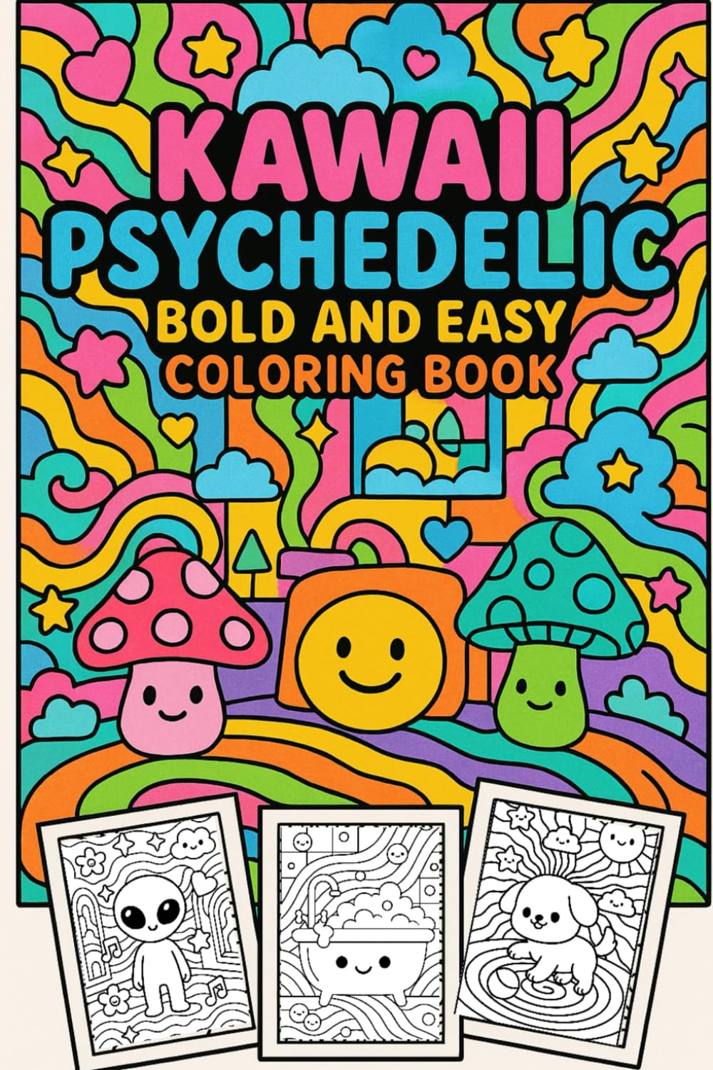 Kawaii Psychedelic Bold and Easy Coloring Book: Cute Trippy Designs, Happy Interiors, and Relaxing Easy Coloring Pages for Kids, Teens, and Adults