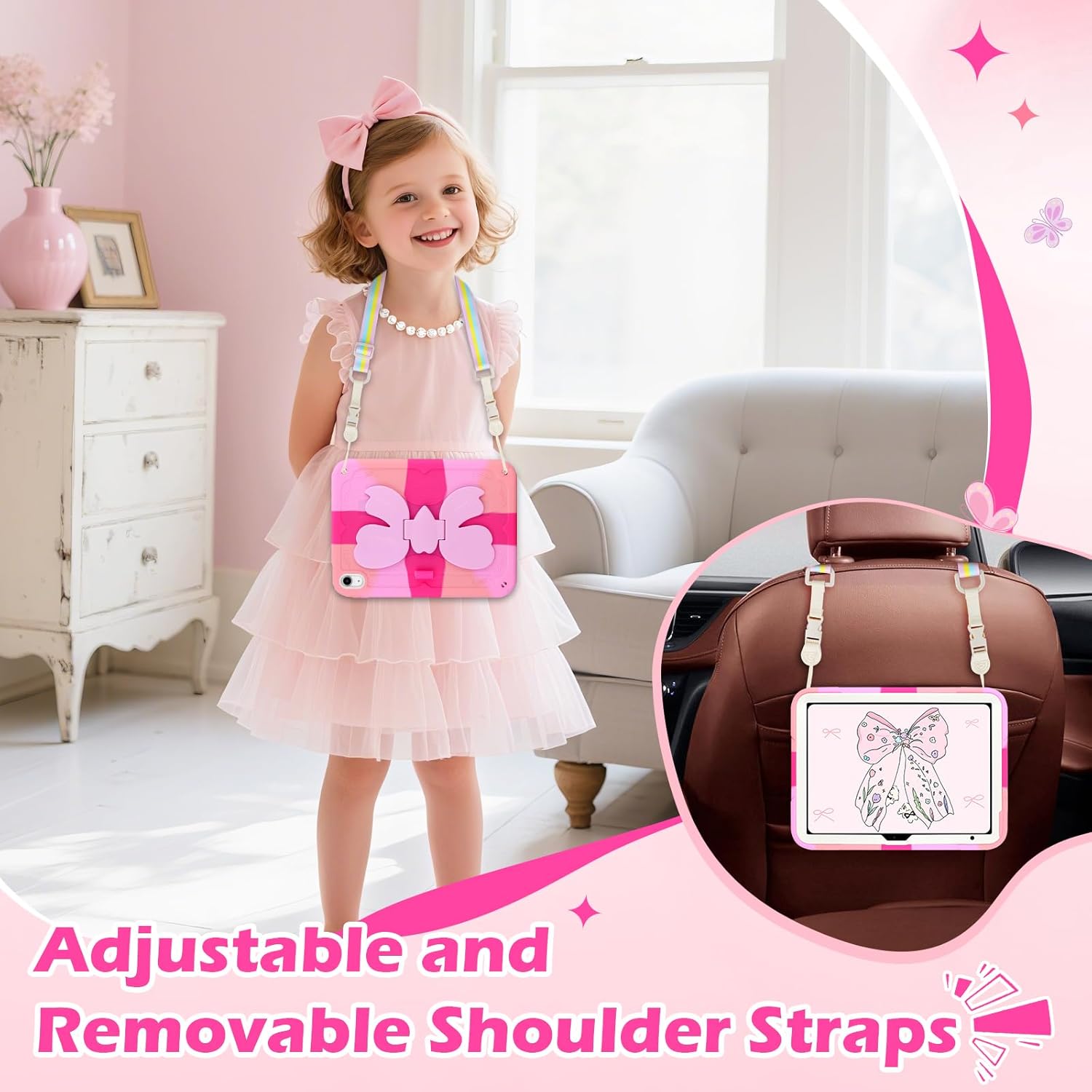 VOFUOE for iPad A16 Case 11th Generation 2025 11 Inch, for iPad 10th Generation Case 2022 10.9 Inch for Kids Girls with Sweet Bow Stand Shoulder Strap Pencil Holder Hard Protective Cover-Hot Pink