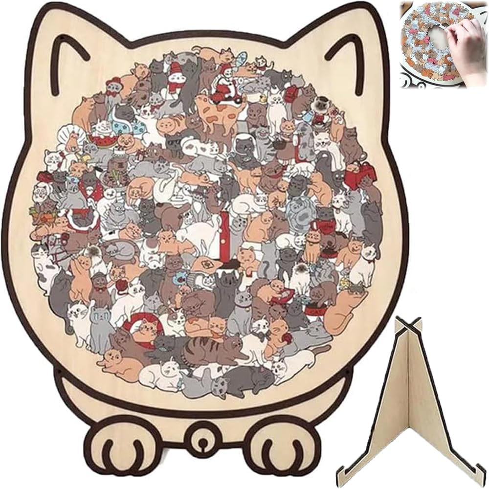 Cat Shaped Wooden Jigsaw Puzzle 135-Piece, Morandi Colors Animal Cats Decorative with Cats Outlines Framed and Acrylic Cover, Home Design Decor-picture-21