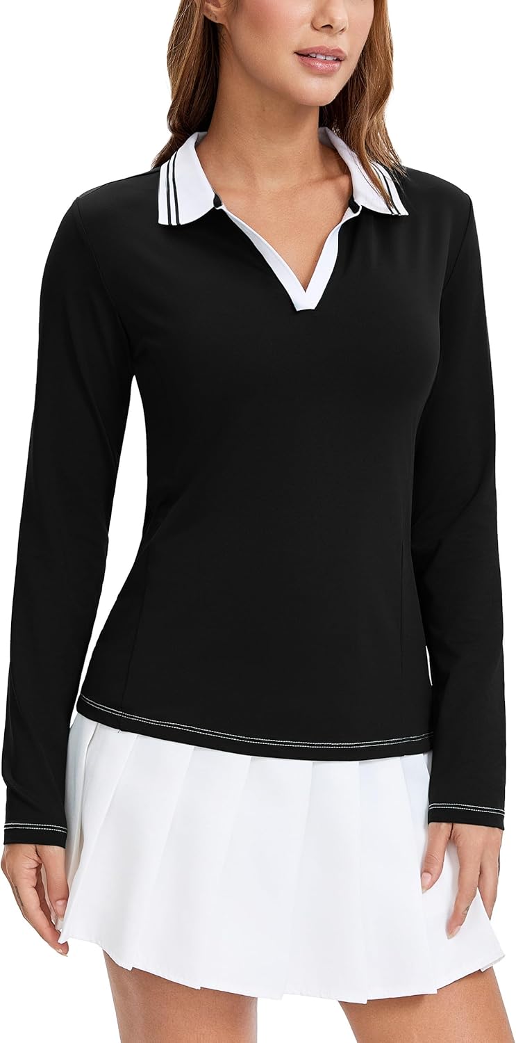 MathCat Womens Golf Shirts, Long Sleeve Polo Shirts Collared V Neck Tennis Shirts Breathable Athletic Tops
