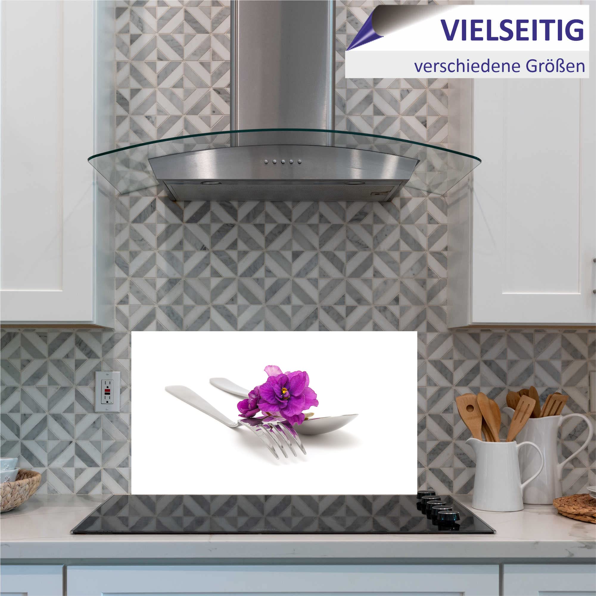 INDIGOS UG - Pannello posteriore da cucina per piastrelle, forchetta con fiori, 80 x 60 cm, paraspruzzi in alluminio, resistente al calore, pannello posteriore da cucina, moderno, lavabile, per