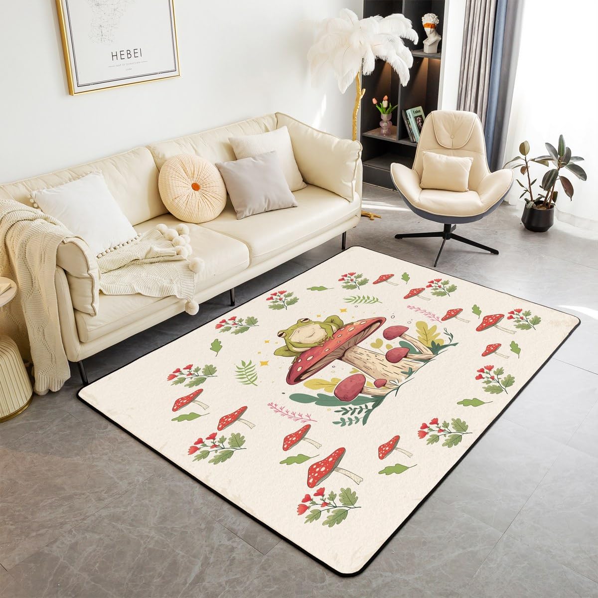 jejeloiu Frog Print Living Room Rugs Kids Kawaii Decor Area Rug 5x7 Inch Frog Mushrooms Indoor Floor Mat forBotanica Cute Mushroom Decor Beige Red