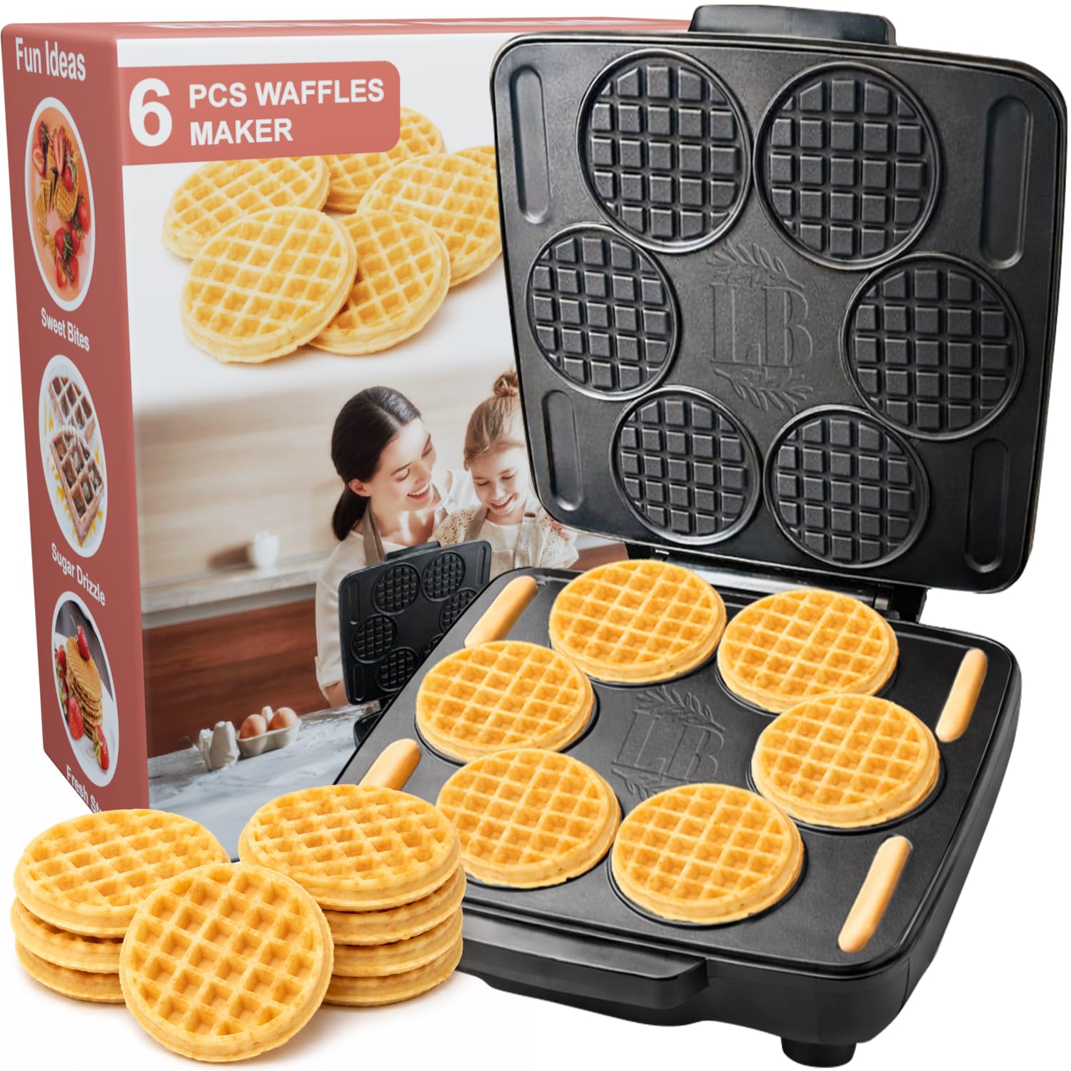 6 Mini Waffle Maker Machine, Nonstick Waffles Iron Quick Heat-Up Surface, Chaffle Baker for Home &amp; Restaurants, Perfect for Quick Breakfast, Desserts &amp; Snacks &amp; Kids