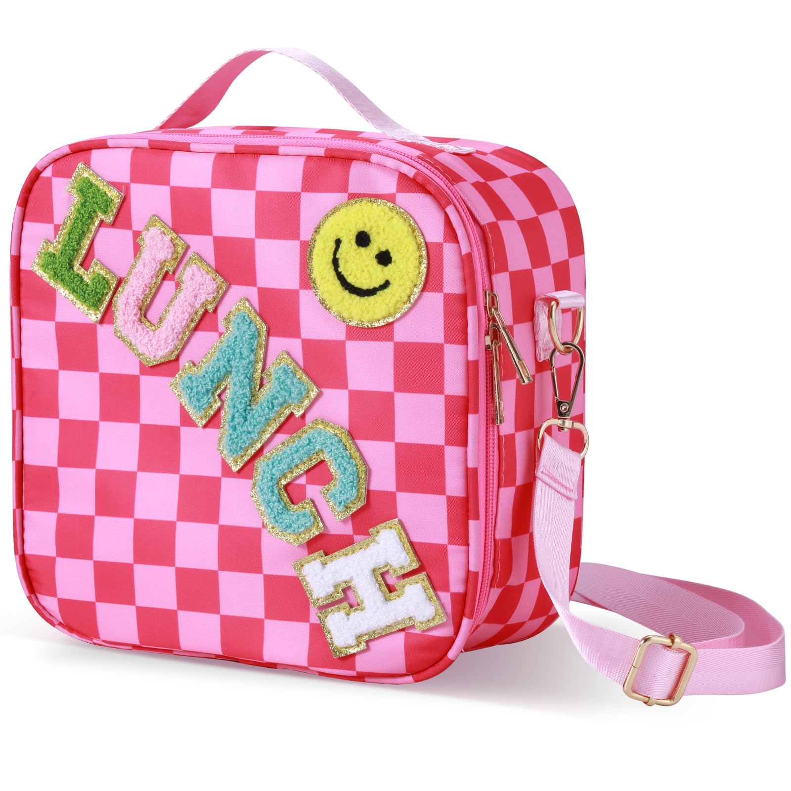 Lonfliness Checkered Insulated Lunch Bag with Handle, Adjustable Strap Preppy Smile Face Lunch Box Large Bento Tote Bag Container Reusable Portable