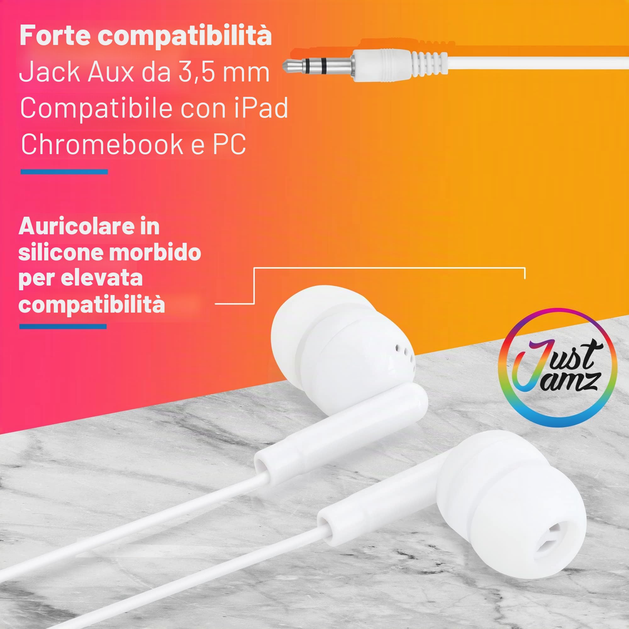JustJamz | Confezione da 100 auricolari basici, auricolari in-ear bianco perla, cuffie usa e getta, set di auricolari per studenti