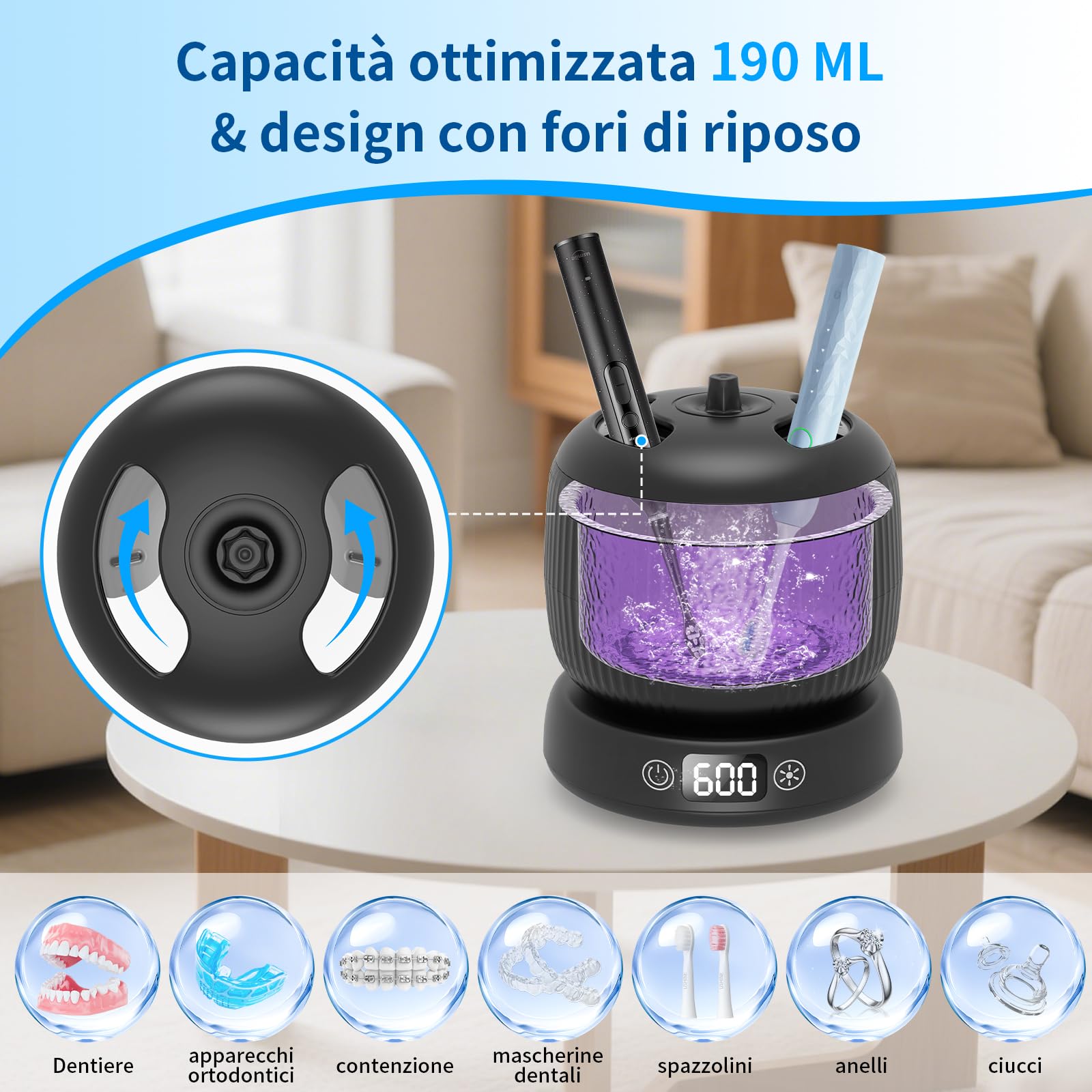 Pulitore Ultrasuoni con Lampada UV | 45000Hz | 190ML | Portatile | Pulitore Ultrasuoni per Apparecchio Denti, Bite, Protesi Dentali, Allineatori e Gioielli