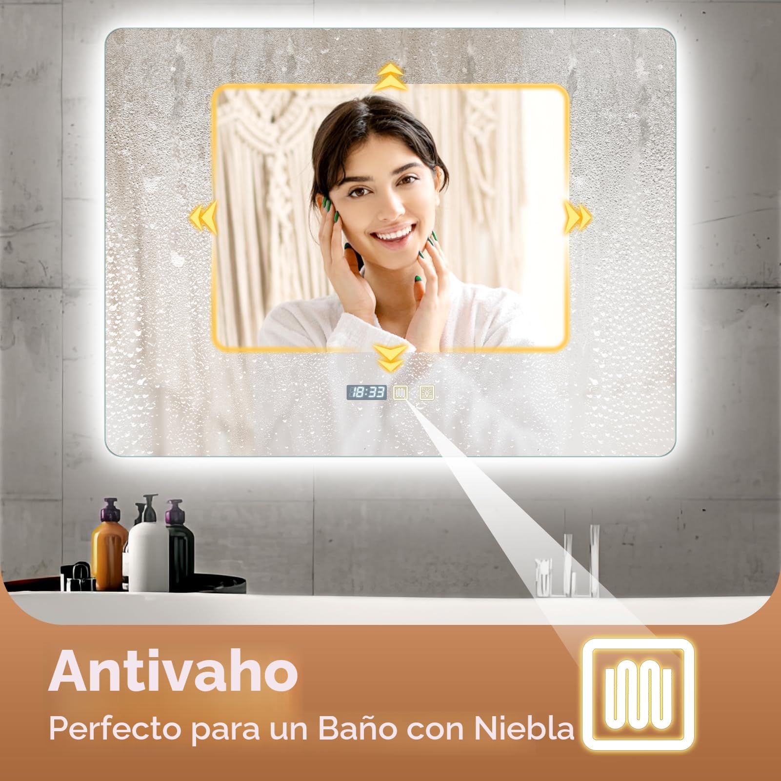 Sararoom Espejo Baño con Luz 80×60cm, Luces de Baño Espejos de pared con Reloj, Función Antivaho, 3000K/4000K/6500K, Regulable, Memoria, Cristal Templado HD, IP44 Espejos de Tocador LED Retroiluminado