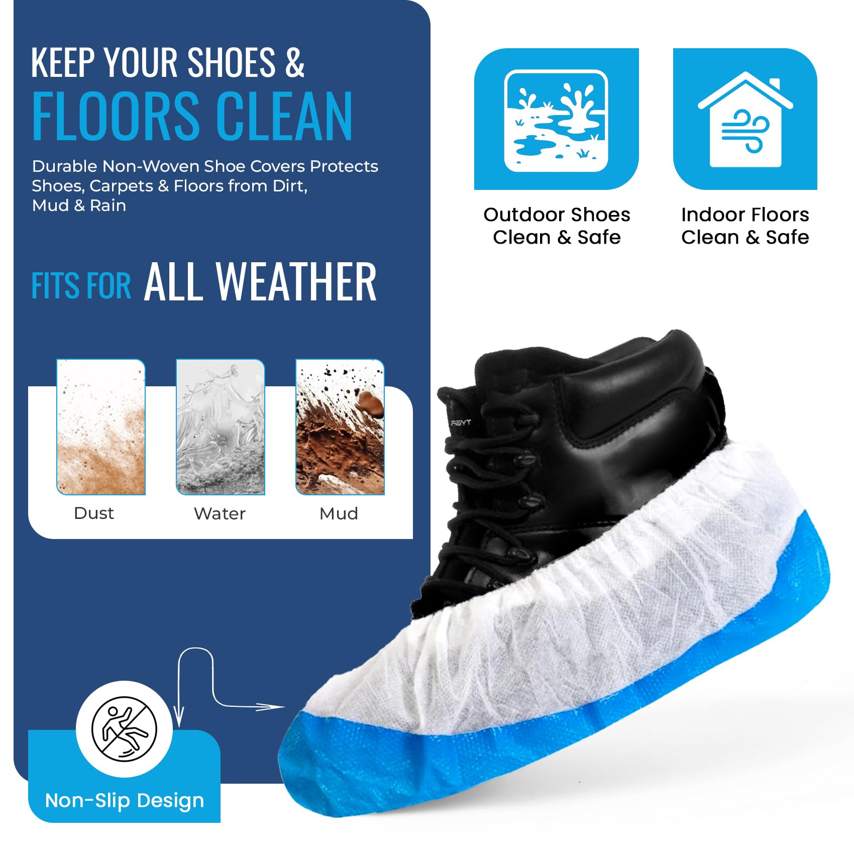 TYGA - Soprascarpe resistenti, riutilizzabili, di lunga durata, in CPE/PP (160, blu e bianco)