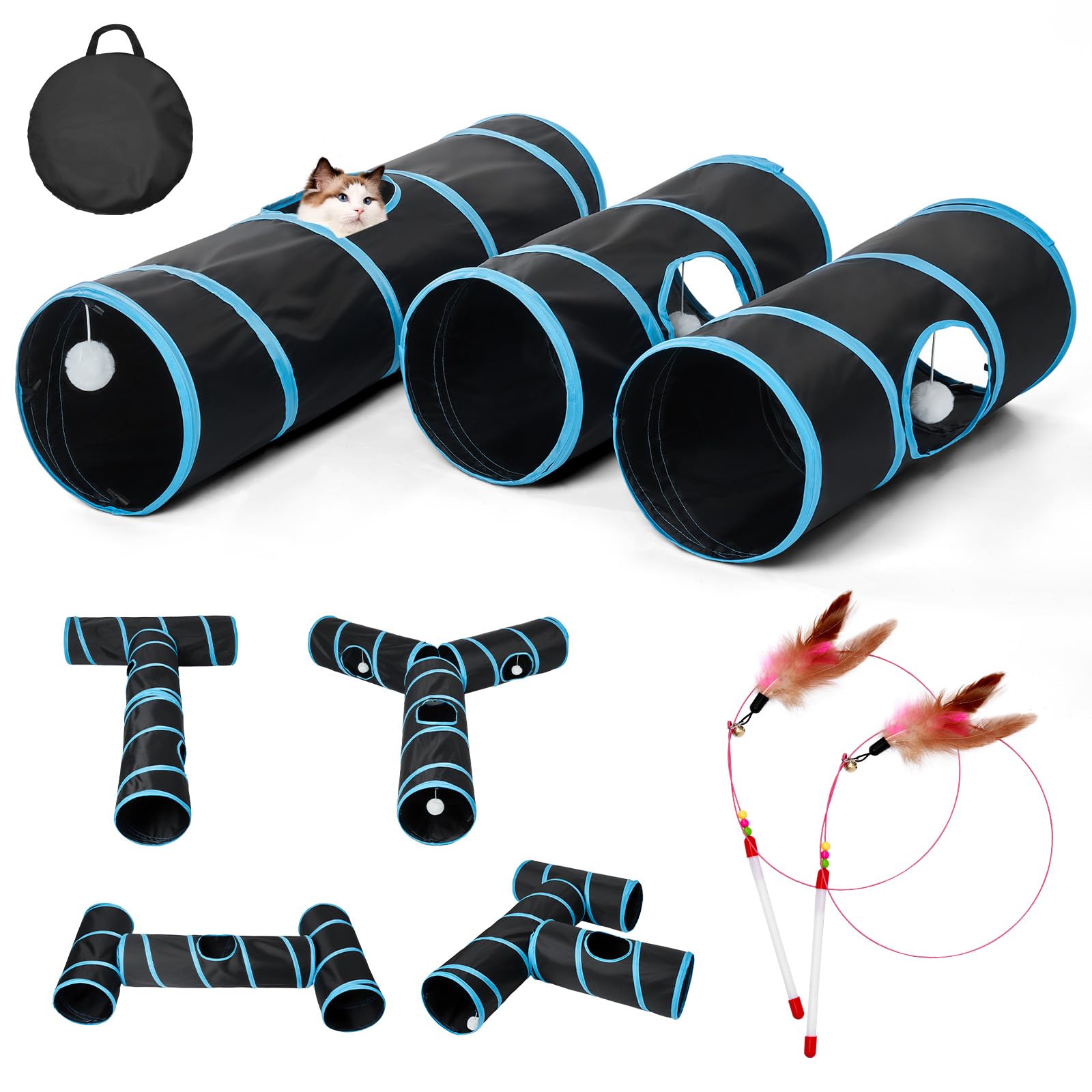 Tunnel pour chat - 3 tunnels droits pour animaux de compagnie - 6 formes à faire soi-même avec baguette - Résistant aux rayures - Tubes pliables pour chiots d'intérieur - Chaton - Lapin - Noir - 208,3