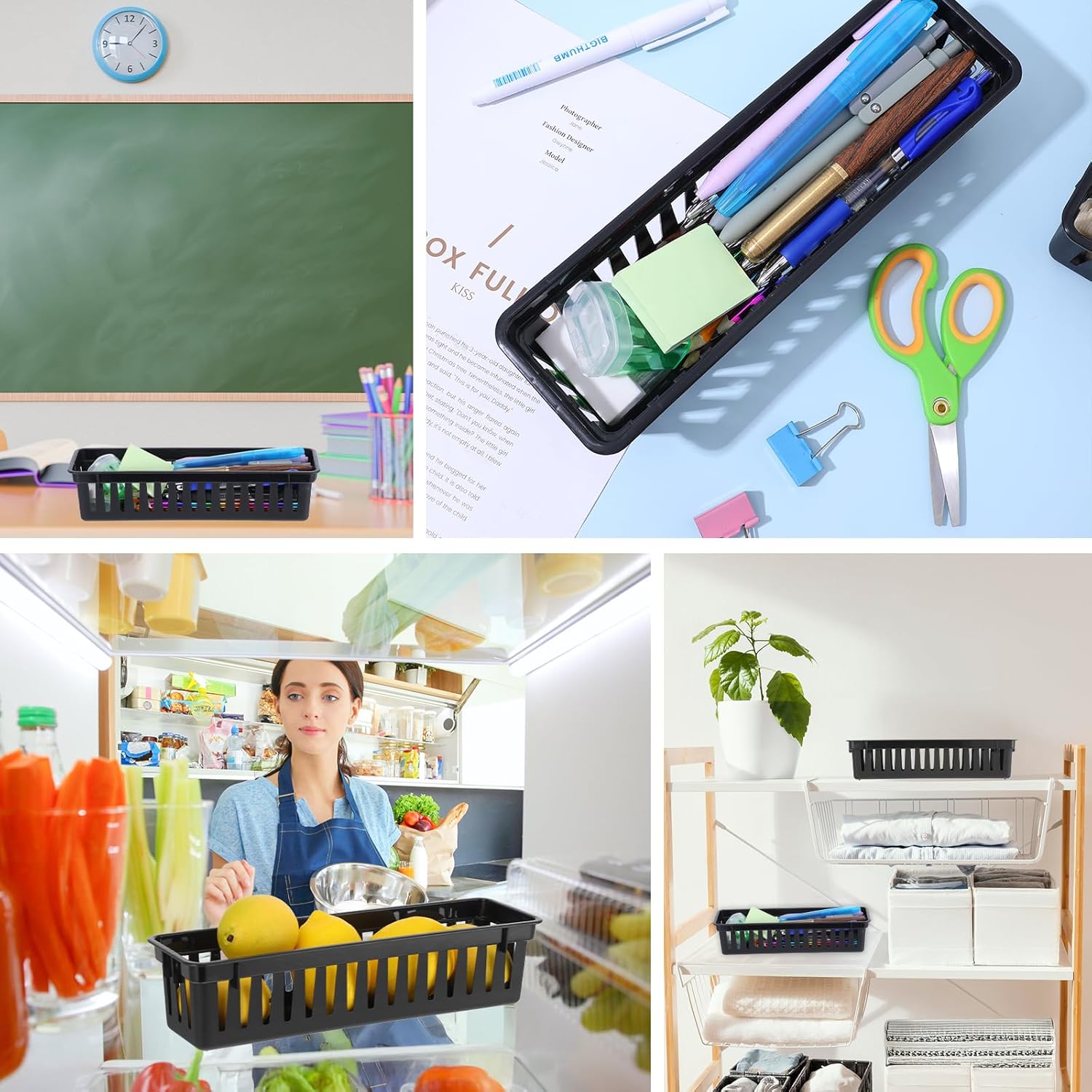 24 Pcs Narrow Plastic Pencil Basket Trays, 10" x 3" Plastic Baskets for Storage, Small Black Narrow Plastics Pencil Basket for Classroom Desk Home Office Organizing Supplies