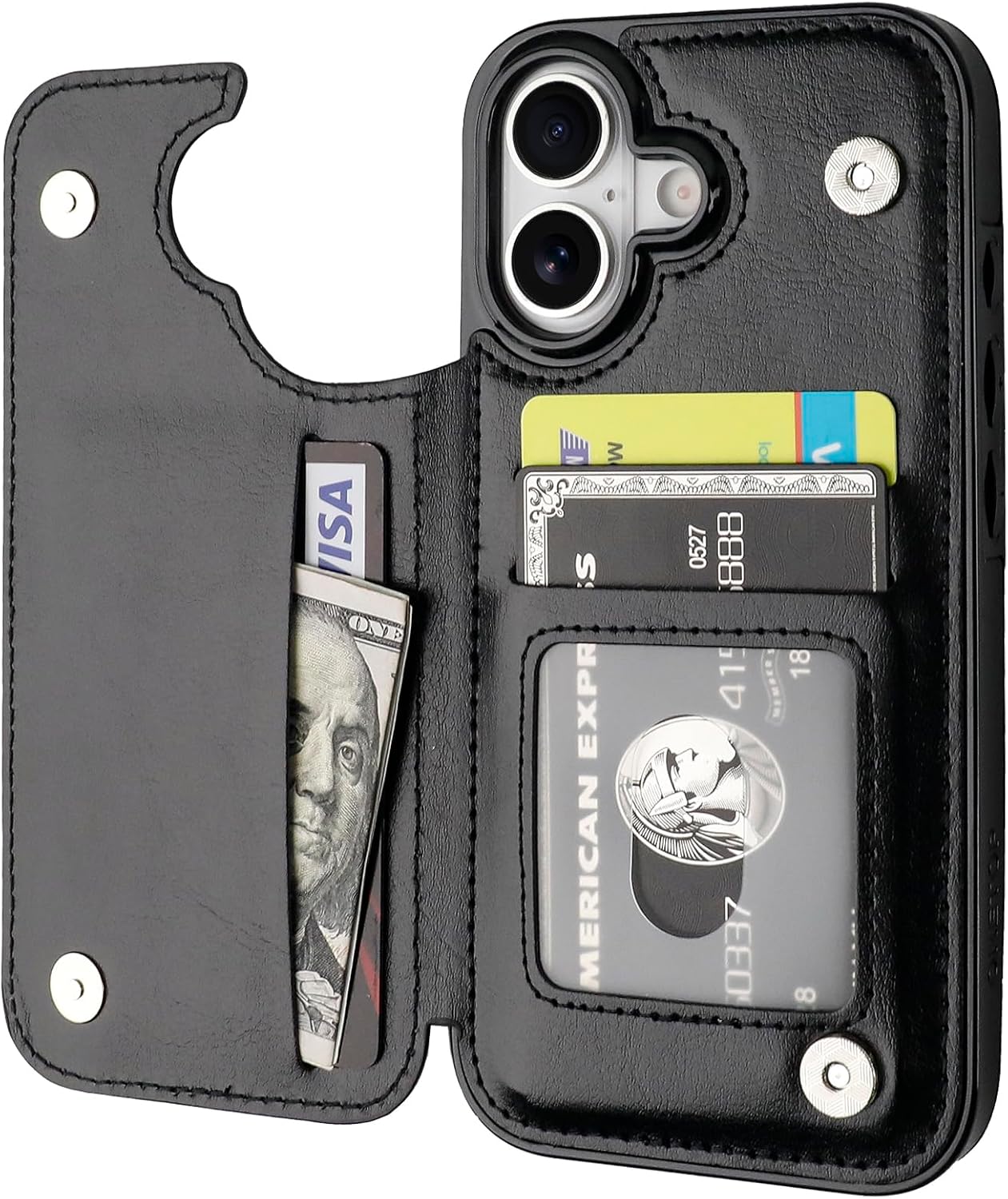 ONETOP Compatible with iPhone 17 Wallet Case with Card Holder, PU Leather Kickstand Card Slots Case, Double Magnetic Clasp and Durable Shockproof Cover 6.3 Inch (Black)