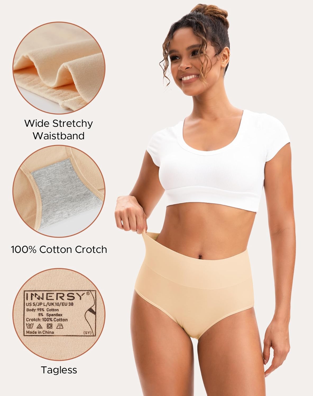 INNERSY Women's High Waisted Underwear Cotton Panties Regular & Plus Size 5-Pack - Image 4