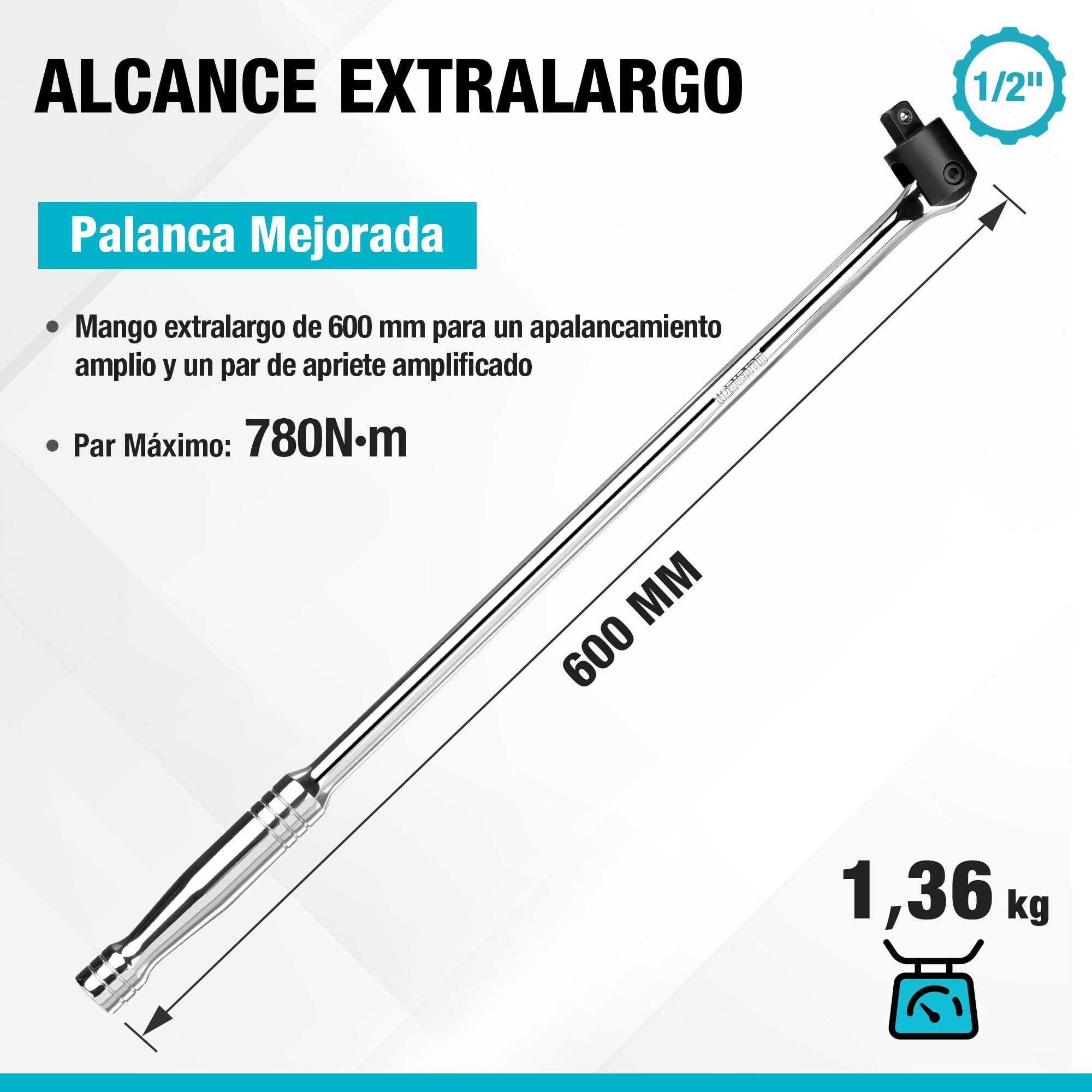 DURATECH 1/2" Mango Articulado, Llave para Trabajos Pesados, Barra Rompedora 600 mm, Llave de Carraca con Cabeza Flexible, Llave para Tuercas de Rueda