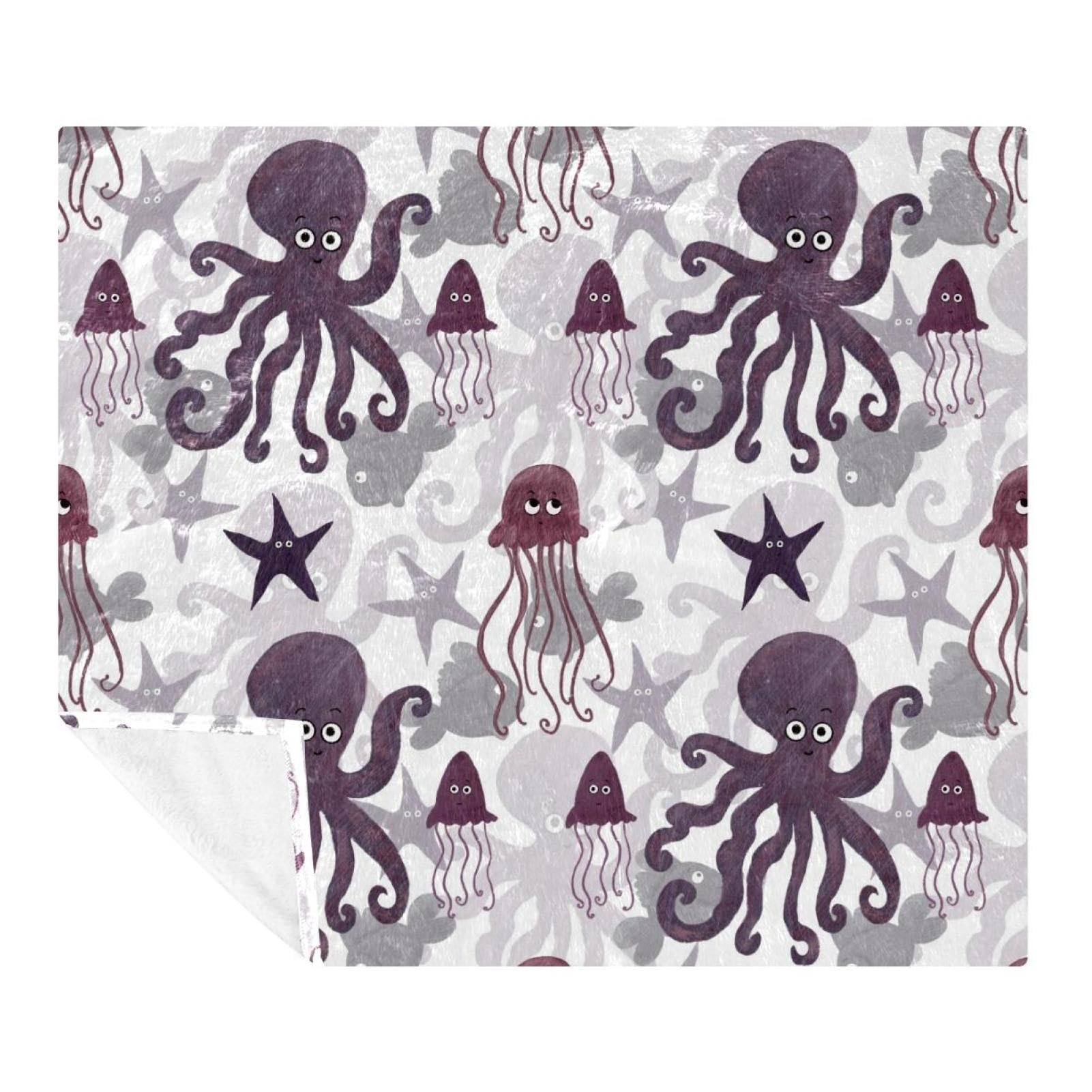 Couverture microfibre 150x200 motif pieuvre et méduse pour lit et canapé