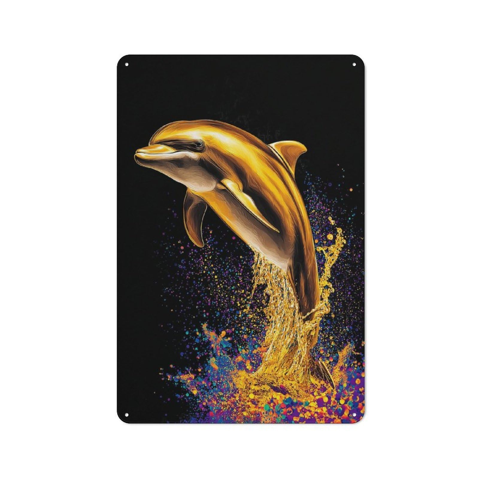 Golden Dolphin Splash Workshop Style Metal Wall Decor 30x20cm, Tin Sign for Tool Room, Garage, Studio Or Home Bar