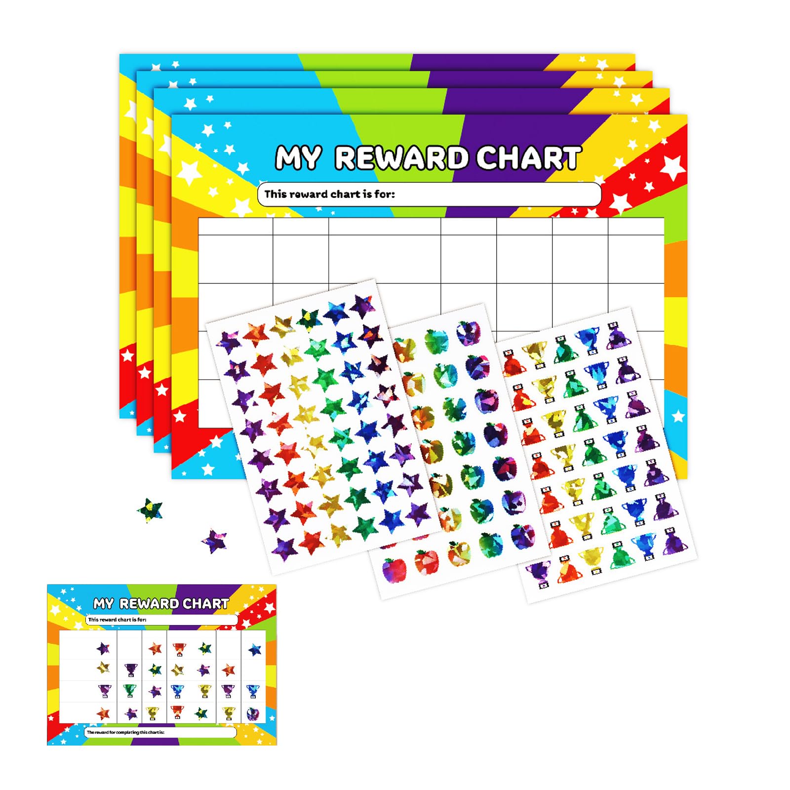4 PCS Reward Chart & Progress Tracker A4 Star Reward Chart and 3 Style Sticker Chart With 125 Star Stickers 21cm x 29.7cm Behaviour Charts for Home Study and Work