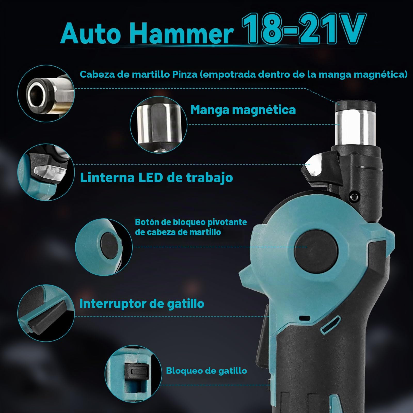 Martillo automático inalámbrico para Makita batería de 18 V, martillo de clavos eléctrico con cabeza ajustable de 3 posiciones, pinza magnética para taladrar en madera y metales blandos (sin batería)