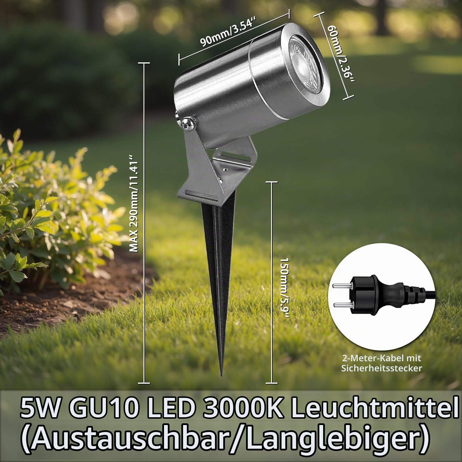 JNR Edelstahl LED Gartenbeleuchtung mit Strom und Erdspieß (4, Silber) | IP65 Wasserdicht Gartenlampen für Draußen Strom mit 2M Kabel mit Stecker, Gartenleuchten 5W GU10 3000K Warmweiß Glühbirne