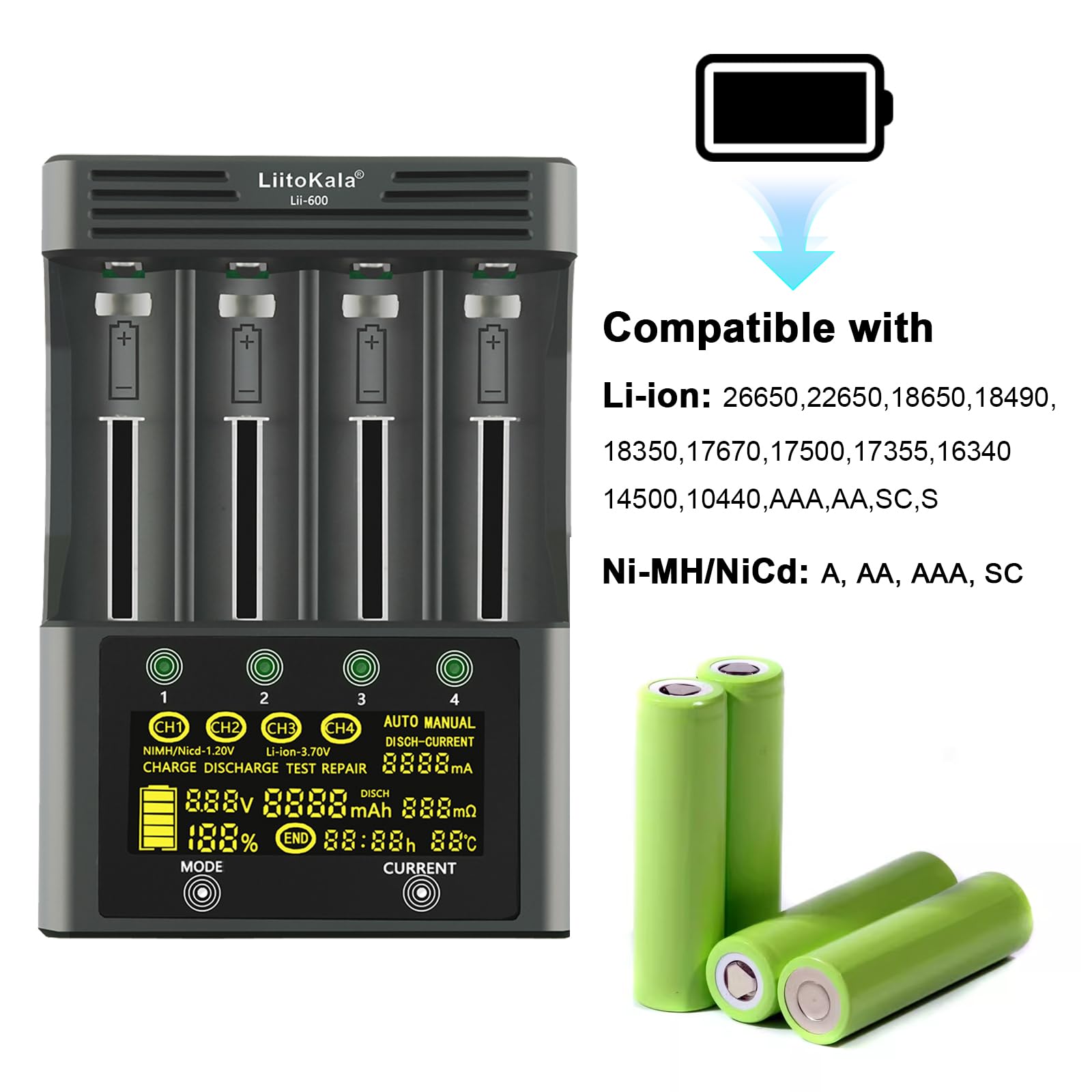 LiitoKala Lii-600 ładowarka z ekranem dotykowym LCD USB 5 V mobilne wyjście do 14550 18490 18650 26650 Li-lion (3.7 V), AA AAA SC Ni-MH Li-ion (1.2V), 12V5A, 4 Bay