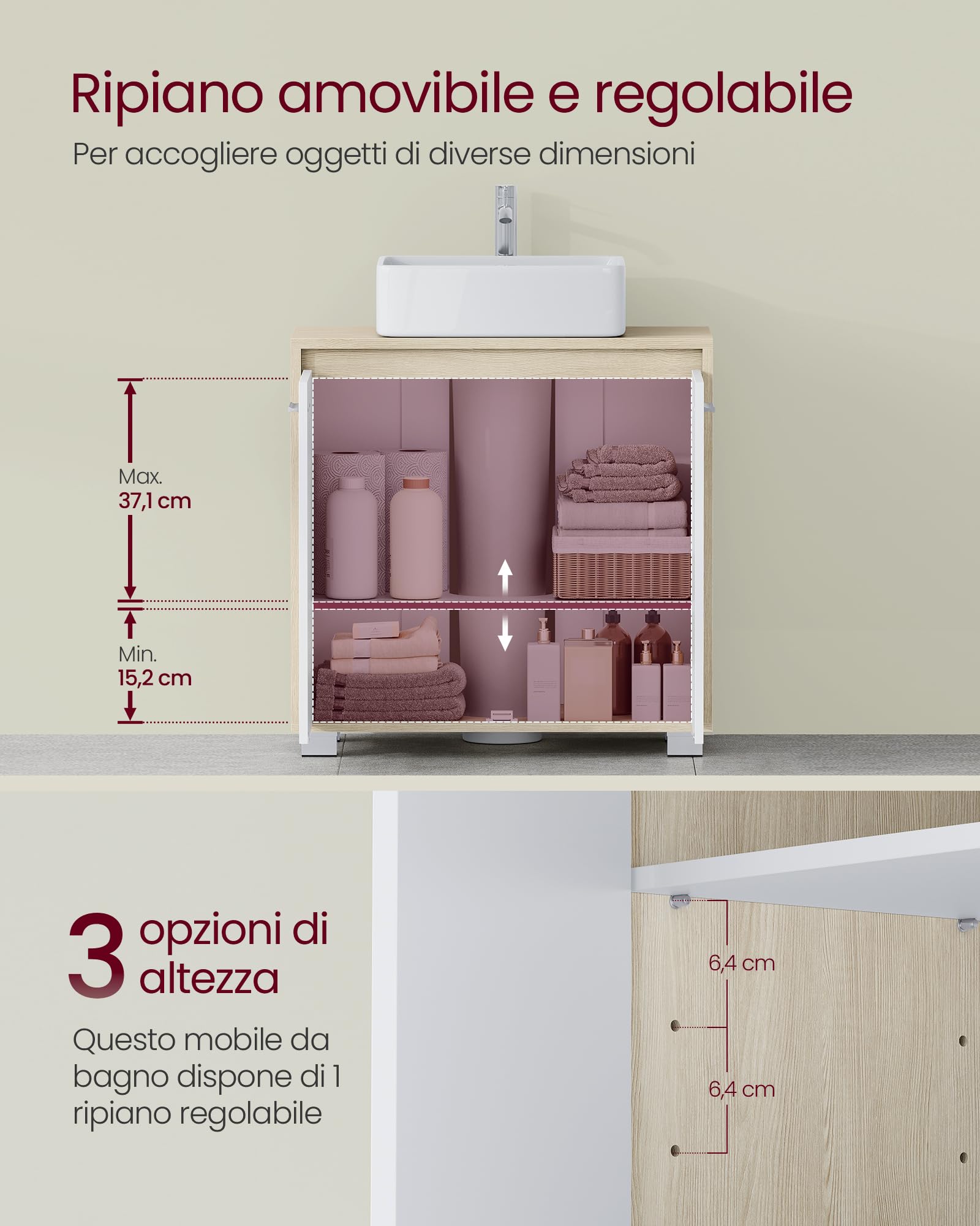 VASAGLE Mobile Sottolavabo, Mobile da Bagno, 2 Scomparti dietro le Ante, per Diversi Tipi di Lavabi, con Piedini, 30 x 60 x 60 cm, Beige Naturale e Bianco Nuvola BBK506L01