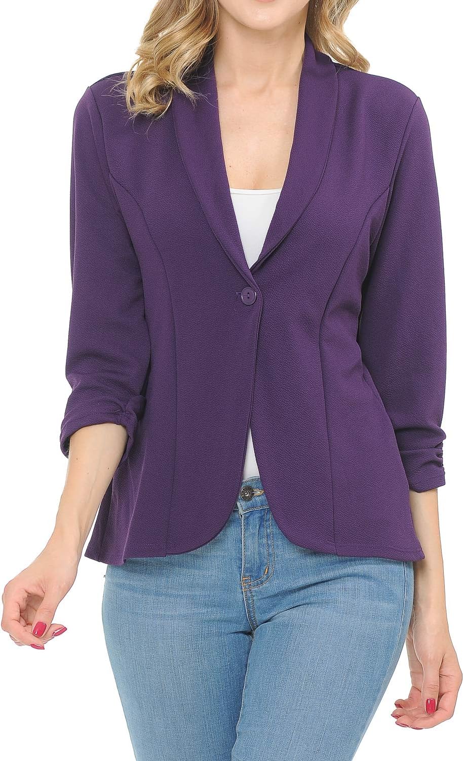 Women's 3/4 Ruched Sleeve Lightweight Work Office Blazer Jacket (S-3XL)