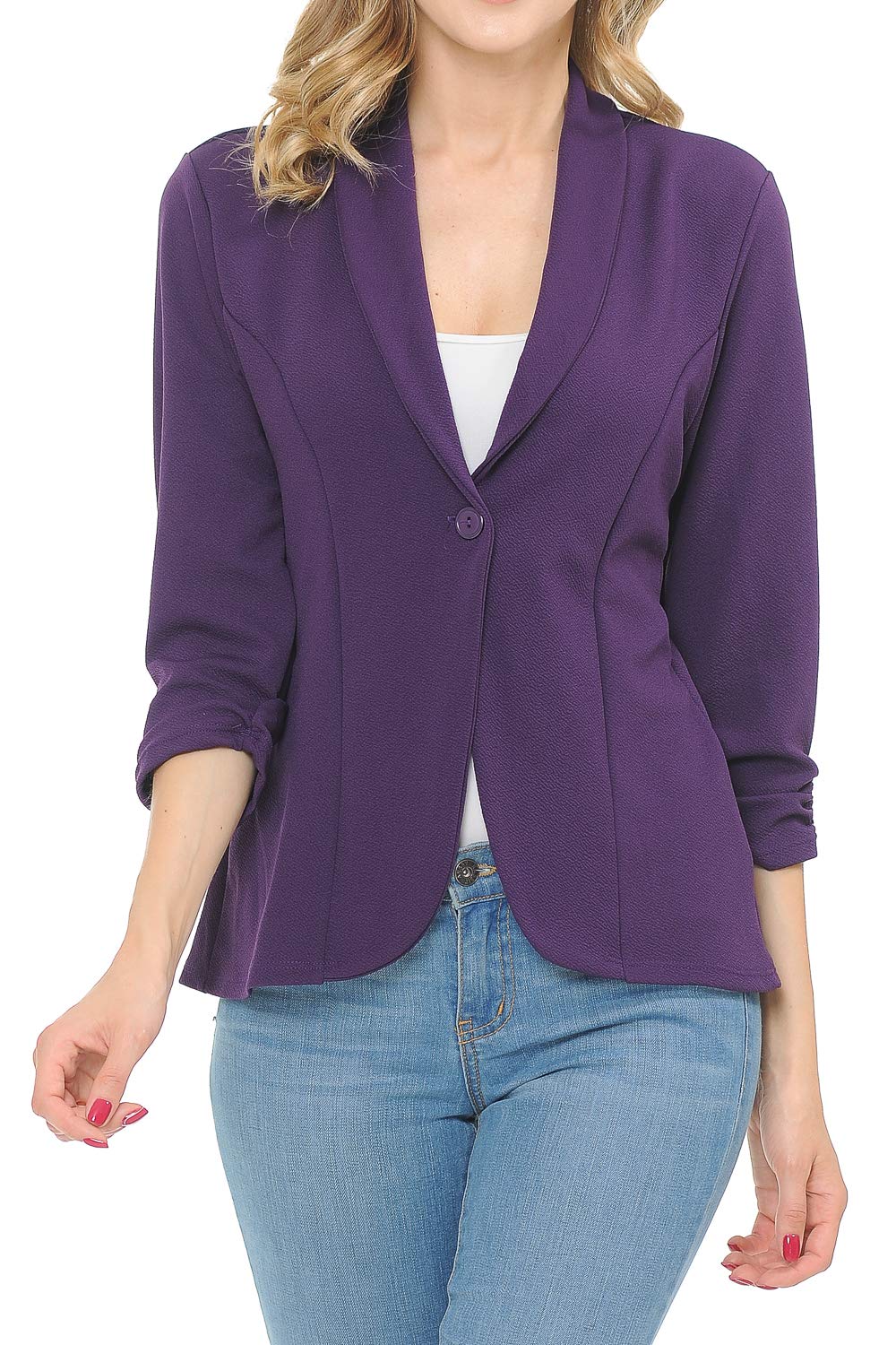 Women's 3/4 Ruched Sleeve Lightweight Work Office Blazer Jacket (S-3XL)