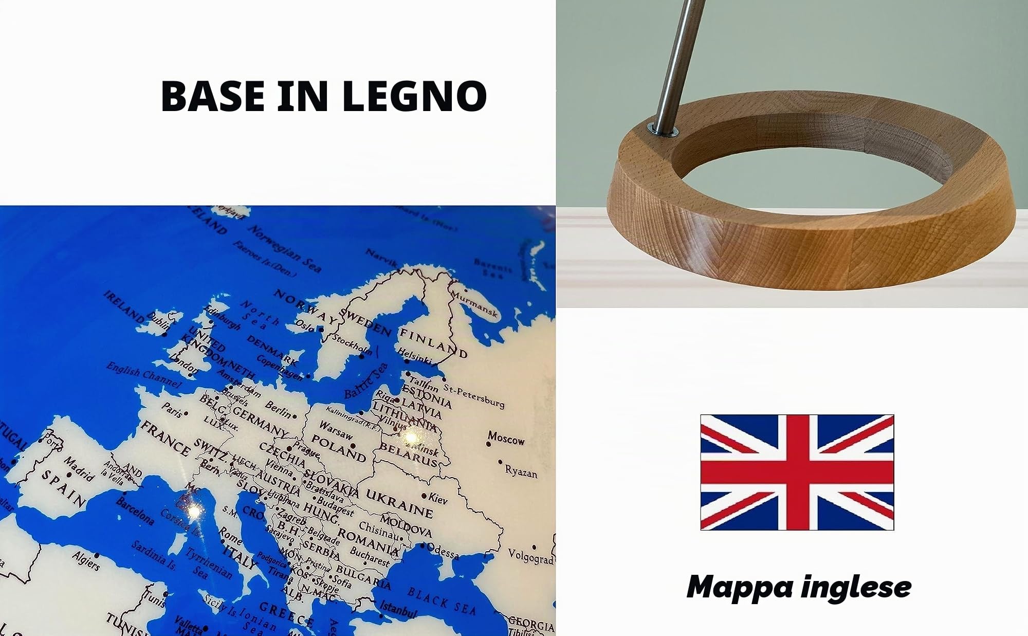 Exerz Mappamondo illuminato diametro 33cm con base in legno - Mappamondo luminoso - Mappa inglese