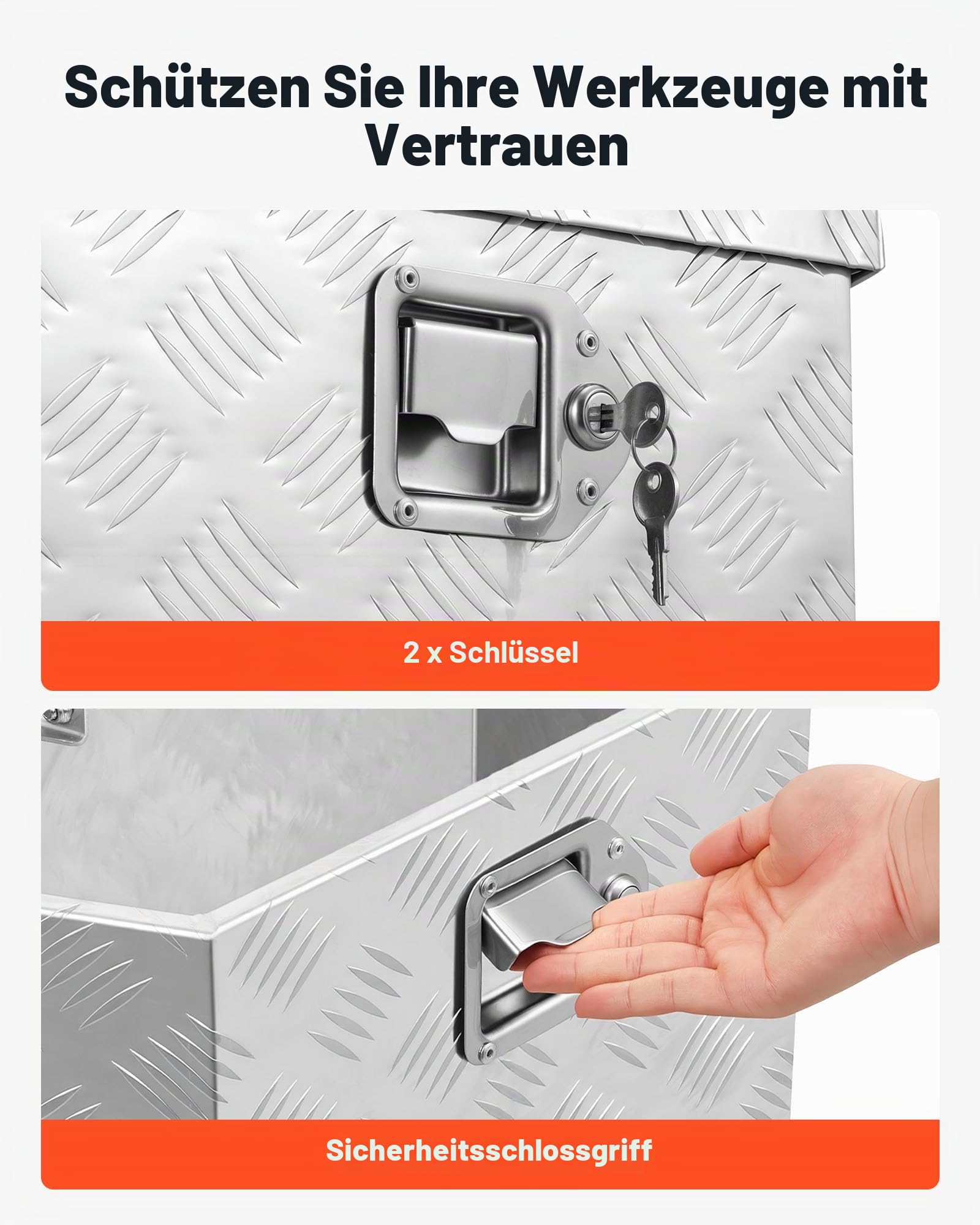 VEVOR Deichselbox Truckbox 737 x 410 x 457 mm aus Aluminium, 50 kg Belastbare Werkzeugaufbewahrungsbox mit Schloss & Schlüsseln, Anhängerbox für Pickup-Ladeflächen Wohnmobile SUVs Geländewagen, Silber