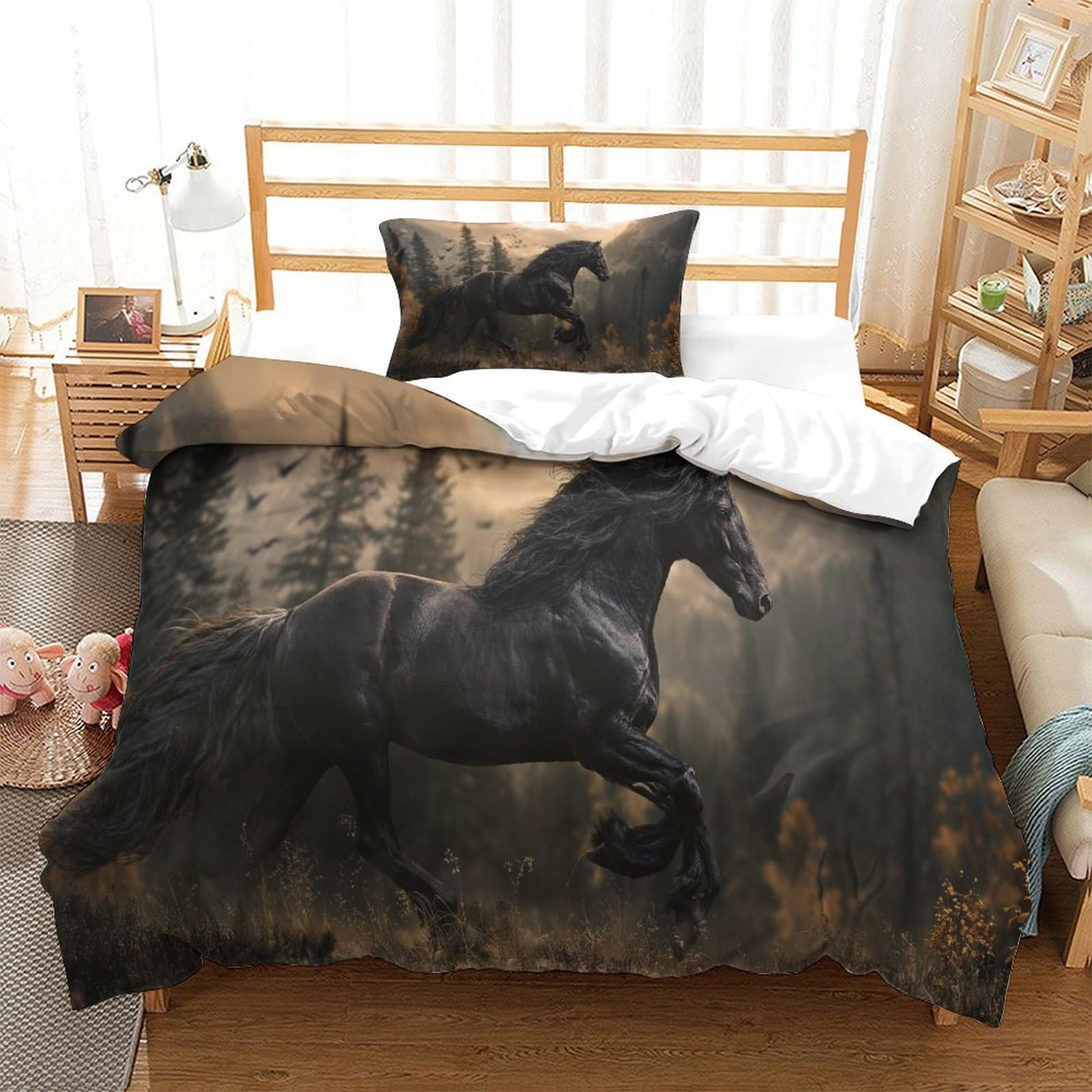 QDZHCPMYK Horse Duvet Cover Set 2 PCS Hotel Quality Quilt Cover Bedding Bed Covers with Pillowcases with Zipper Closure Hypoallergenic Soft Breathable Microfiber Single（135x200cm）