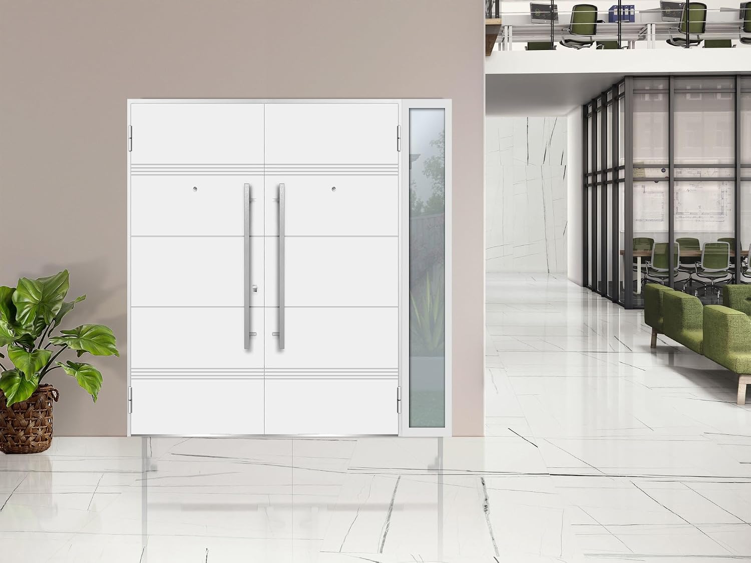 VDOMDOORS Front Exterior Prehung Metal Double Doors/Deux 1705 White Enamel/Sidelite Exterior Black Window/Entry Modern Painted Right Inswing Active Door 86" x 80"