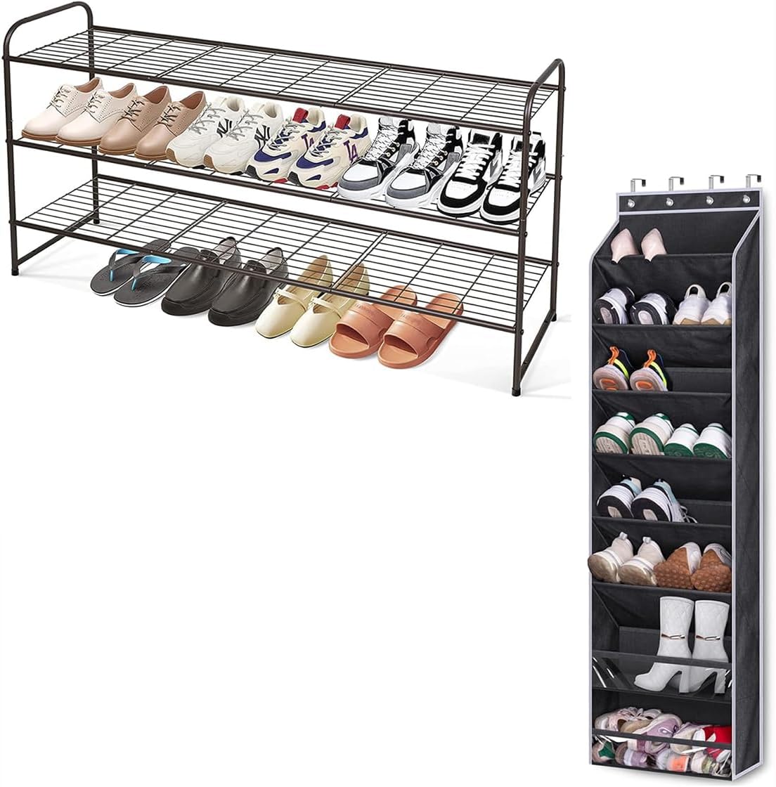 KEETDY 3 Tier Shoe Rack Black and Over The Door Shoe Rack for Door fit 20 Pairs Sneakers