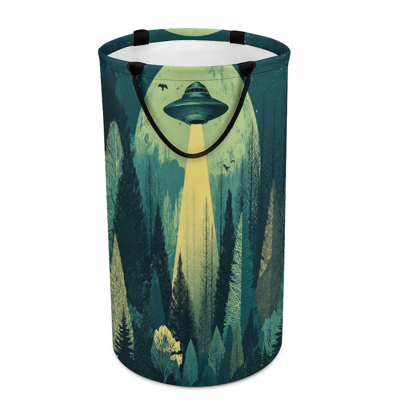 LUYYSKY Beautiful Classic Alien Spaceship Versatile Storage Laundry Basket, Fantasy Realistic Full Moon Pine Forest UFO Pattern Large Capacity Bathroom Hamper With Handle