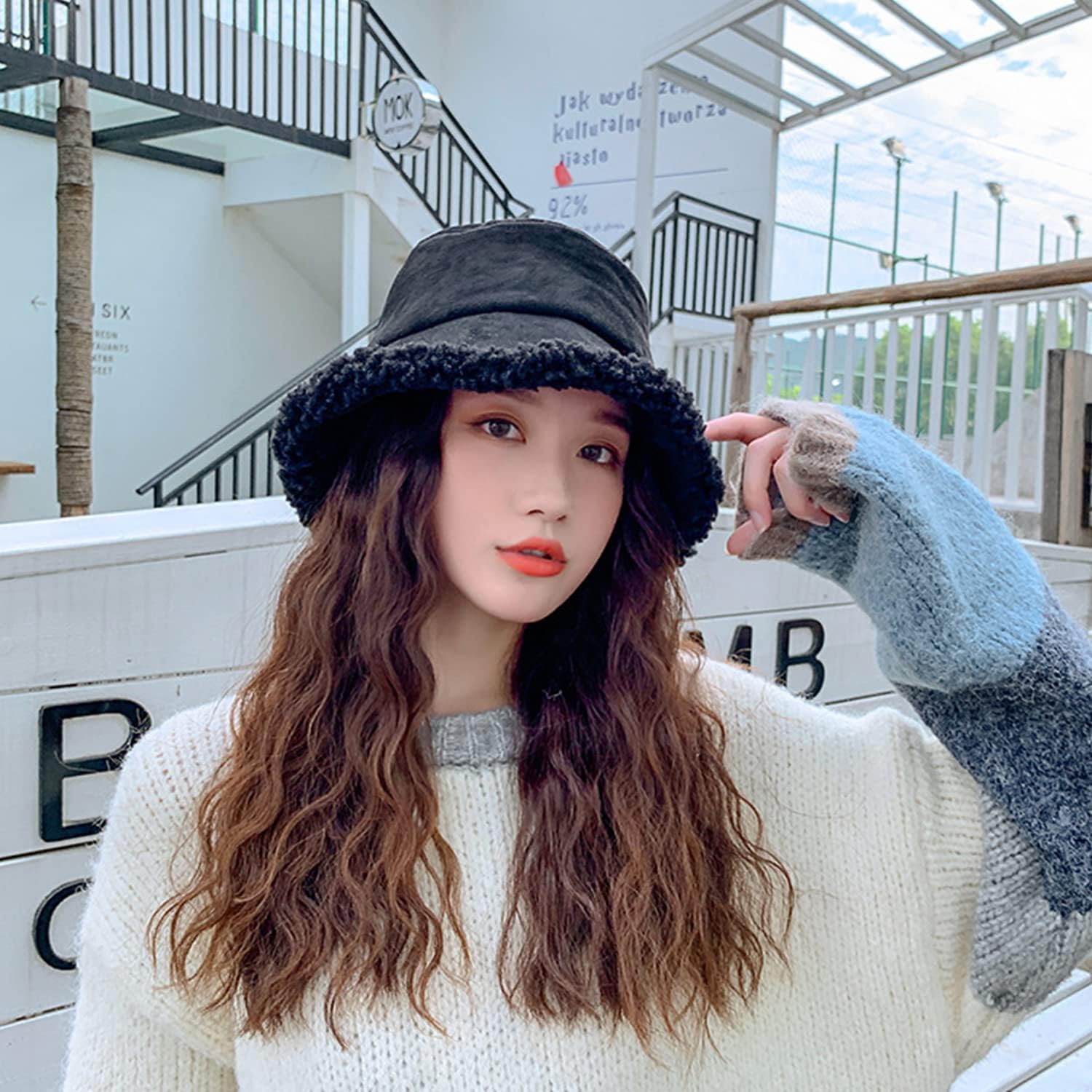 Peicees Winter Fluffy Bucket Hat for Women Fuzzy Warm Bucket Hat with Faux Fur Reversible Fisherman Cap - Image 3