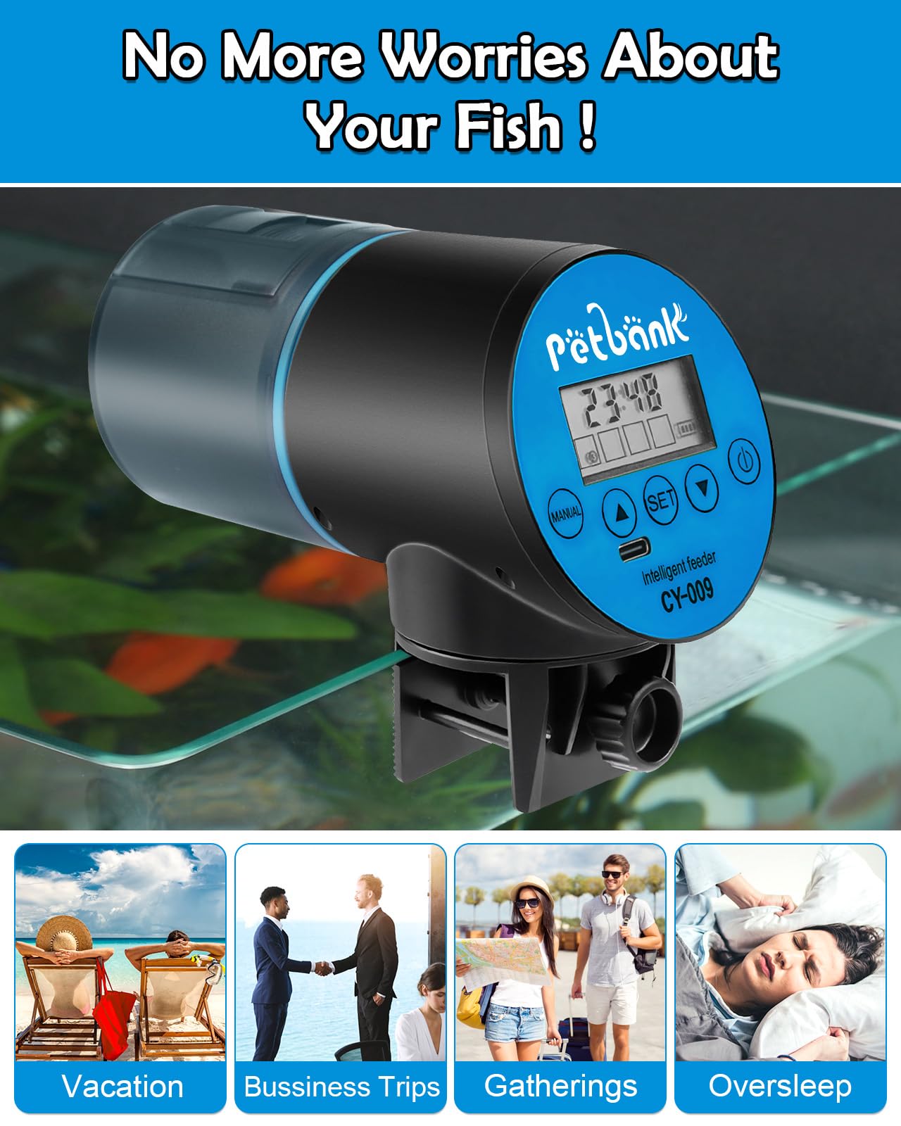 Petbank USB Charger Alimentador Automático Acuarios con Temporizador Recargable, Dispensador Comedero Acuario con Pantalla LCD, Dispensador Comida Peces Automatico, Azul — view 7