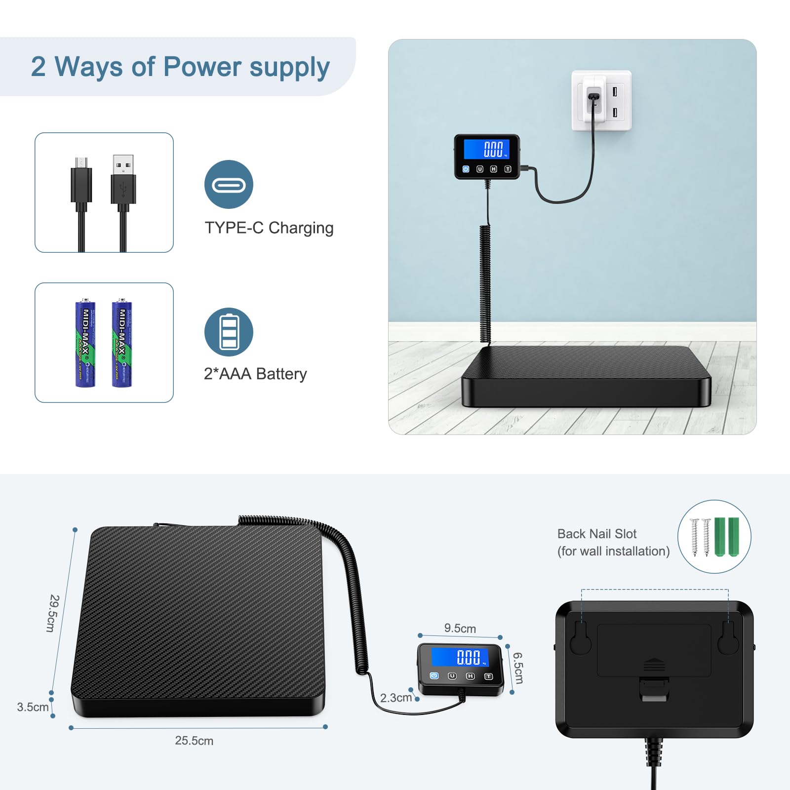 Báscula postal digital, 440 libras/10 g, báscula de envío de paquetes, balanza de equipaje con sensor de alta precisión, báscula de pesaje recargable por USB con pantalla LCD, tara