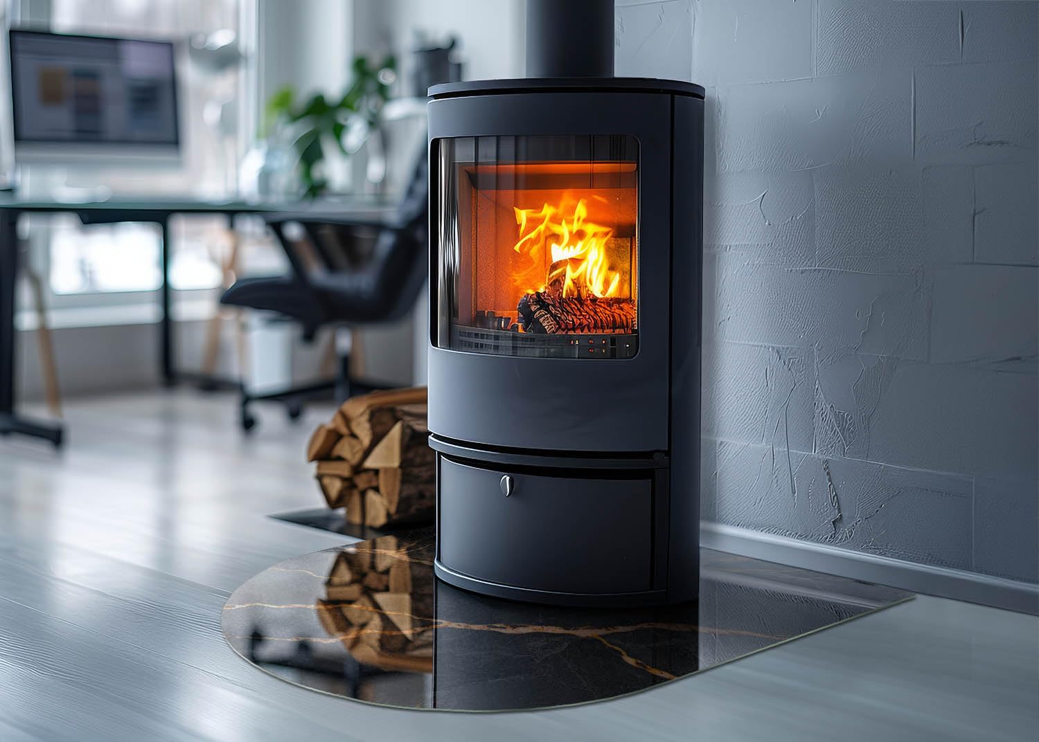 Funkenschutzplatte für Kamin 80x70 cm Dekorative Glasbodenplatte Glasboden Hitzeschutz Halbrund Schutzplatte Hartglas Elegantes Design Stilvollem Motiv - Eleganter Marmor mit Adern