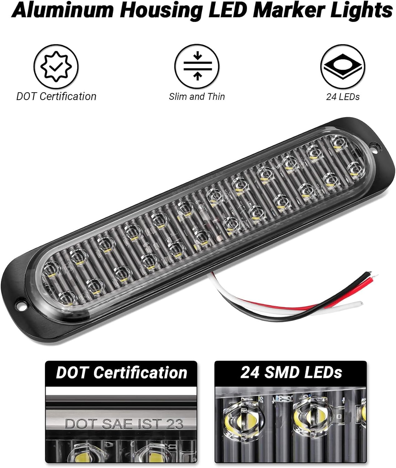 Aluminum Housing White 24LEDs Trailer Backup Reverse Light Surface Mount 7.5 inch Bar Strip Truck Bed Lights of Pickup Tractor Camper IP67 Waterproof 2Pcs